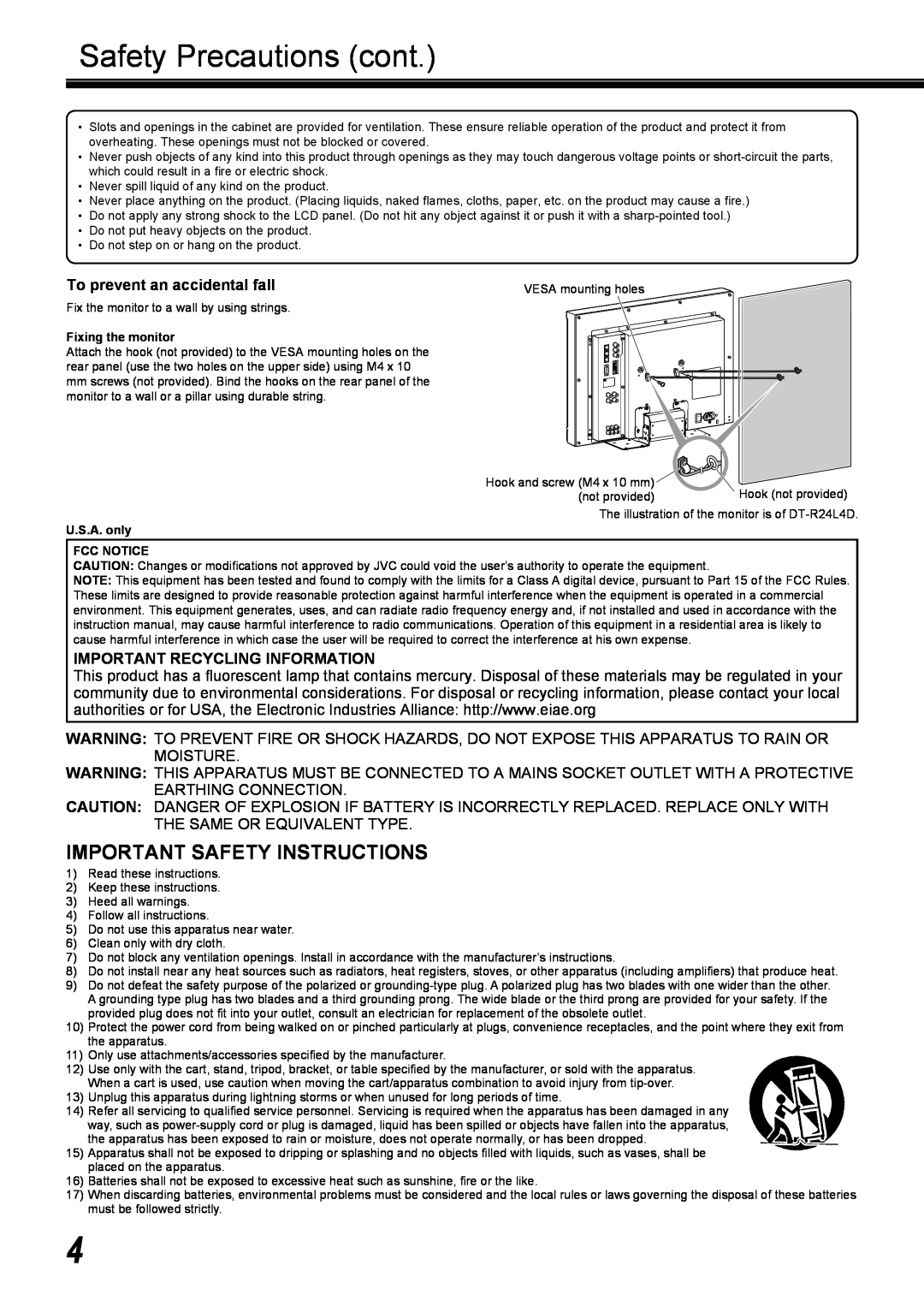 JVC DT-R17L4D, DT-R24L4D user service Safety Precautions cont, Important Safety Instructions, To prevent an accidental fall 