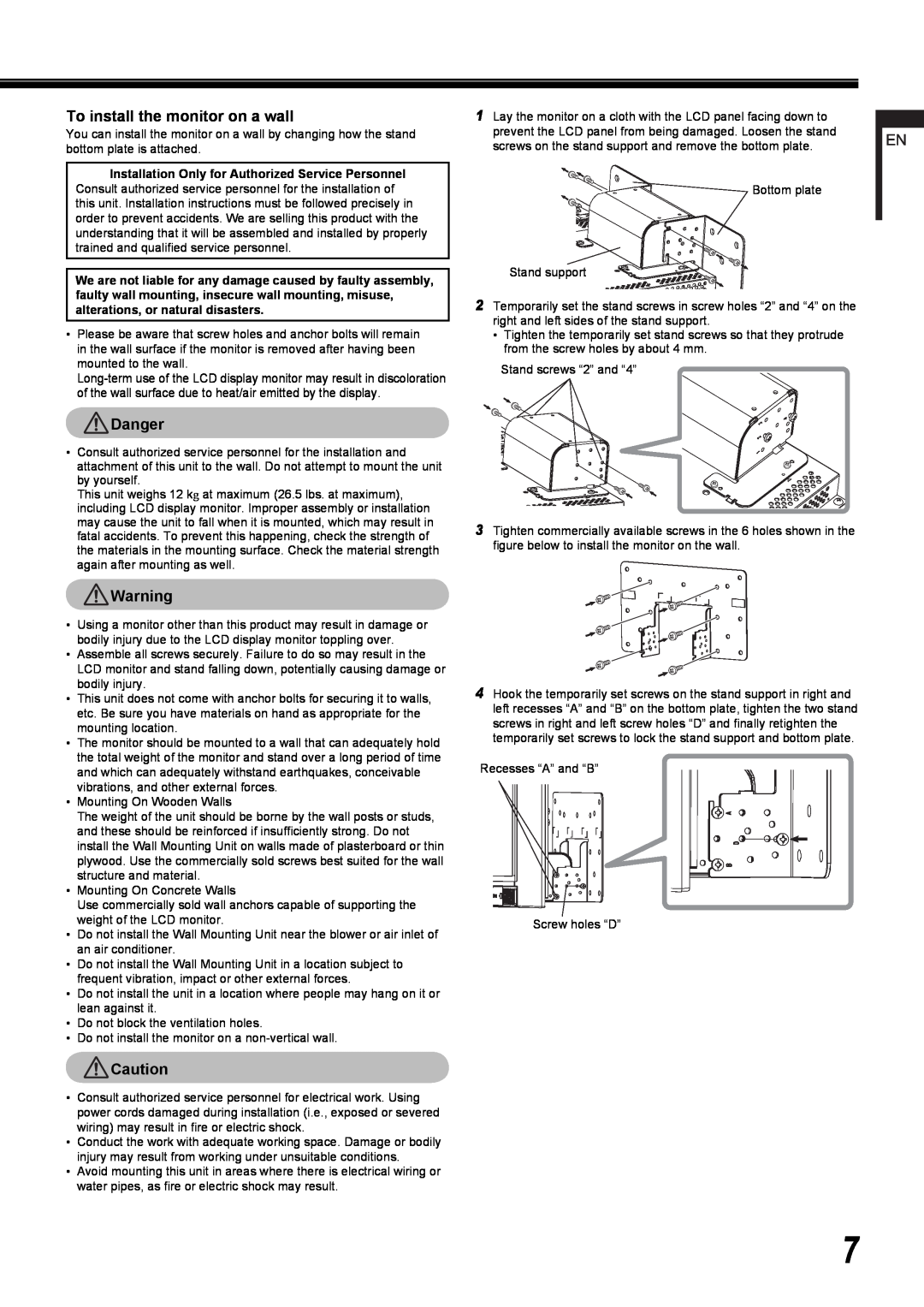 JVC DT-R24L4D, DT-R17L4D user service To install the monitor on a wall, Danger 