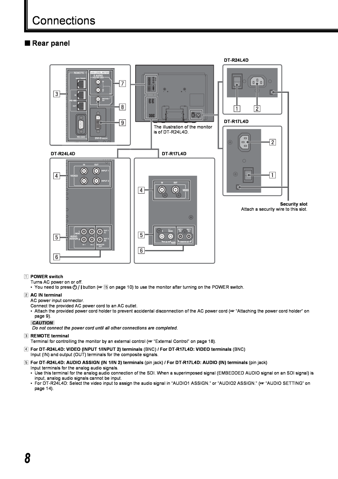 JVC DT-R17L4D, DT-R24L4D user service Connections, „ Rear panel 