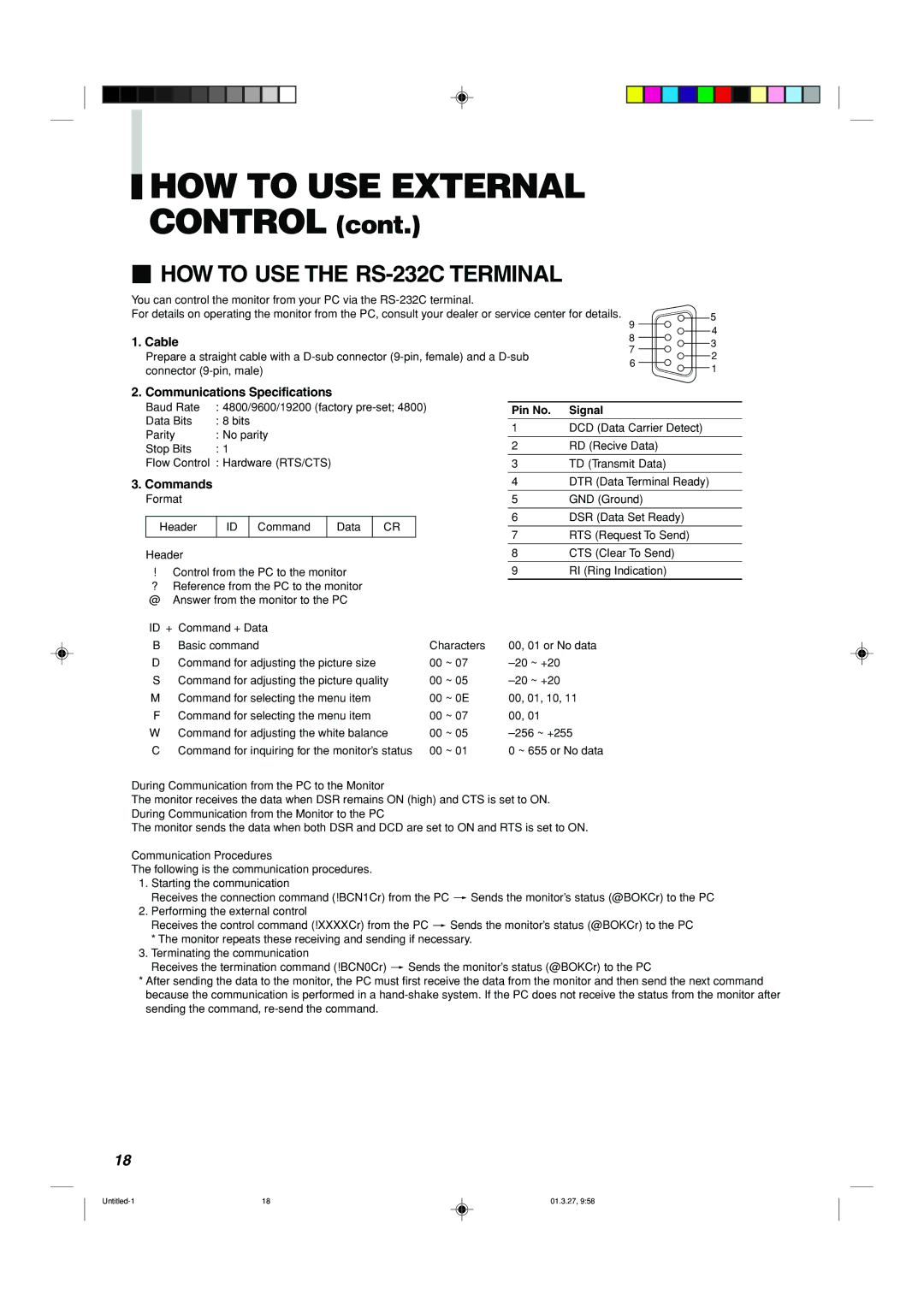 JVC DT-V1700CG manual  HOW to USE the RS-232C Terminal, Cable, Communications Specifications, Commands, Pin No Signal 