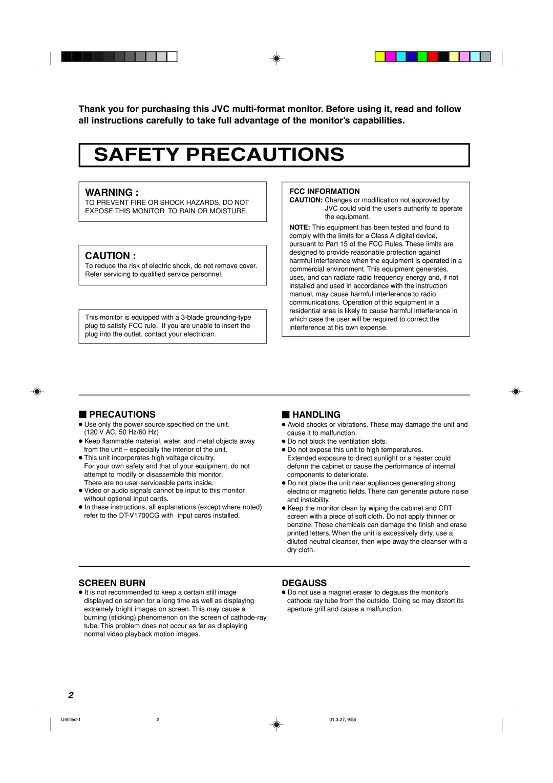 JVC DT-V1700CG manual Safety Precautions, FCC Information 