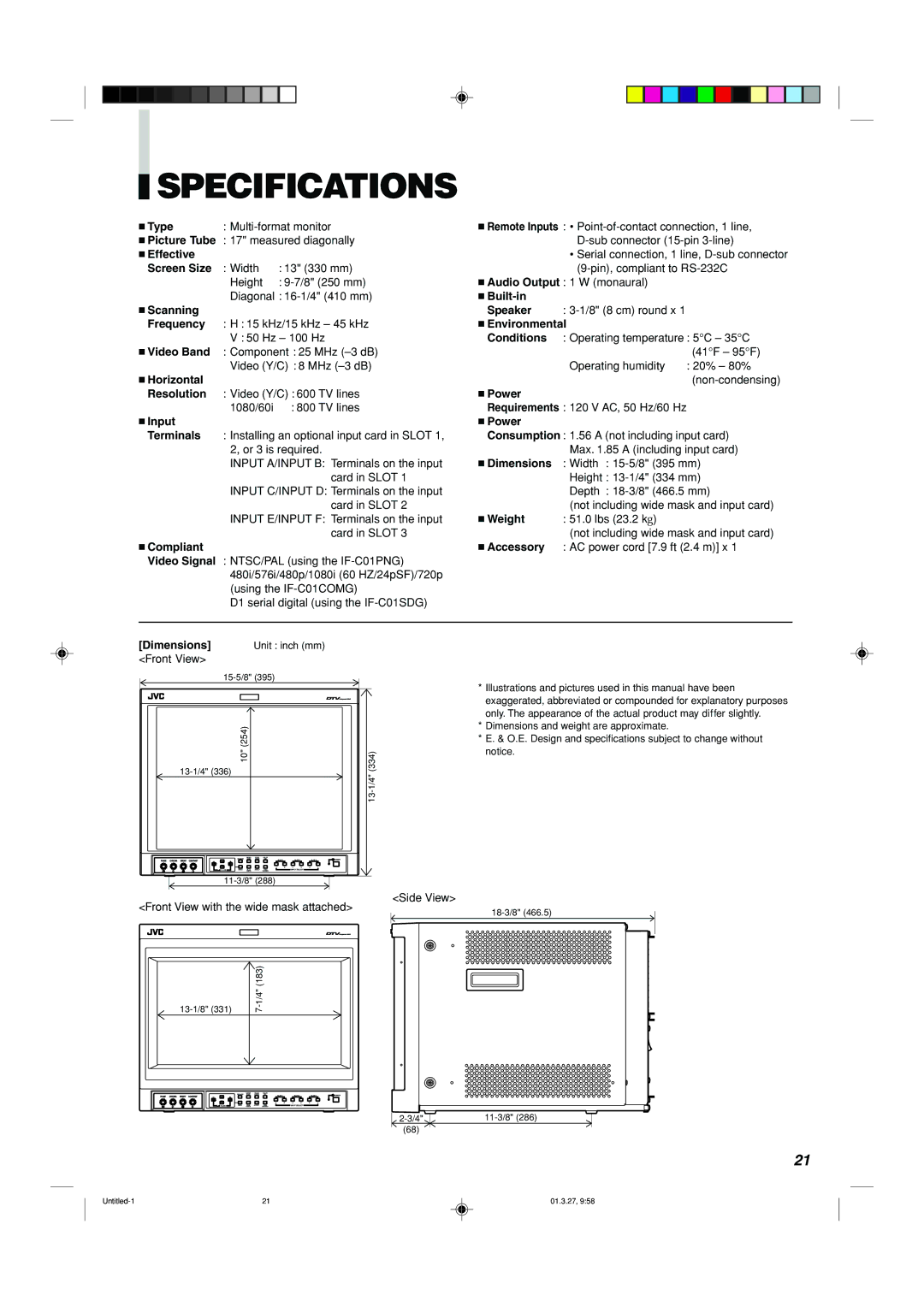 JVC DT-V1700CG manual Specifications 