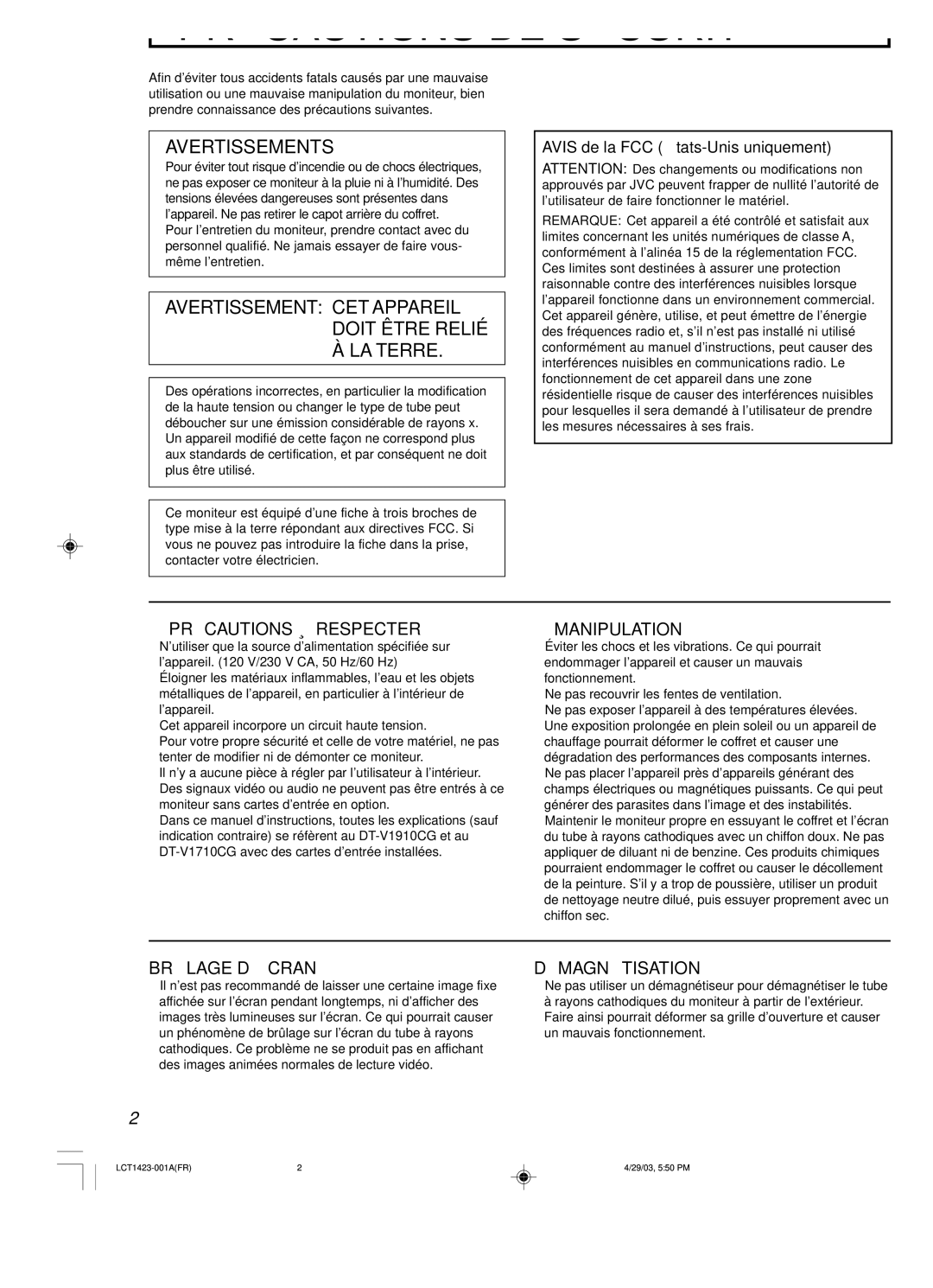 JVC DT-V1710CG, DT-V1910CG manual Précautions DE Sécurité, Avis de la FCC États-Unis uniquement 