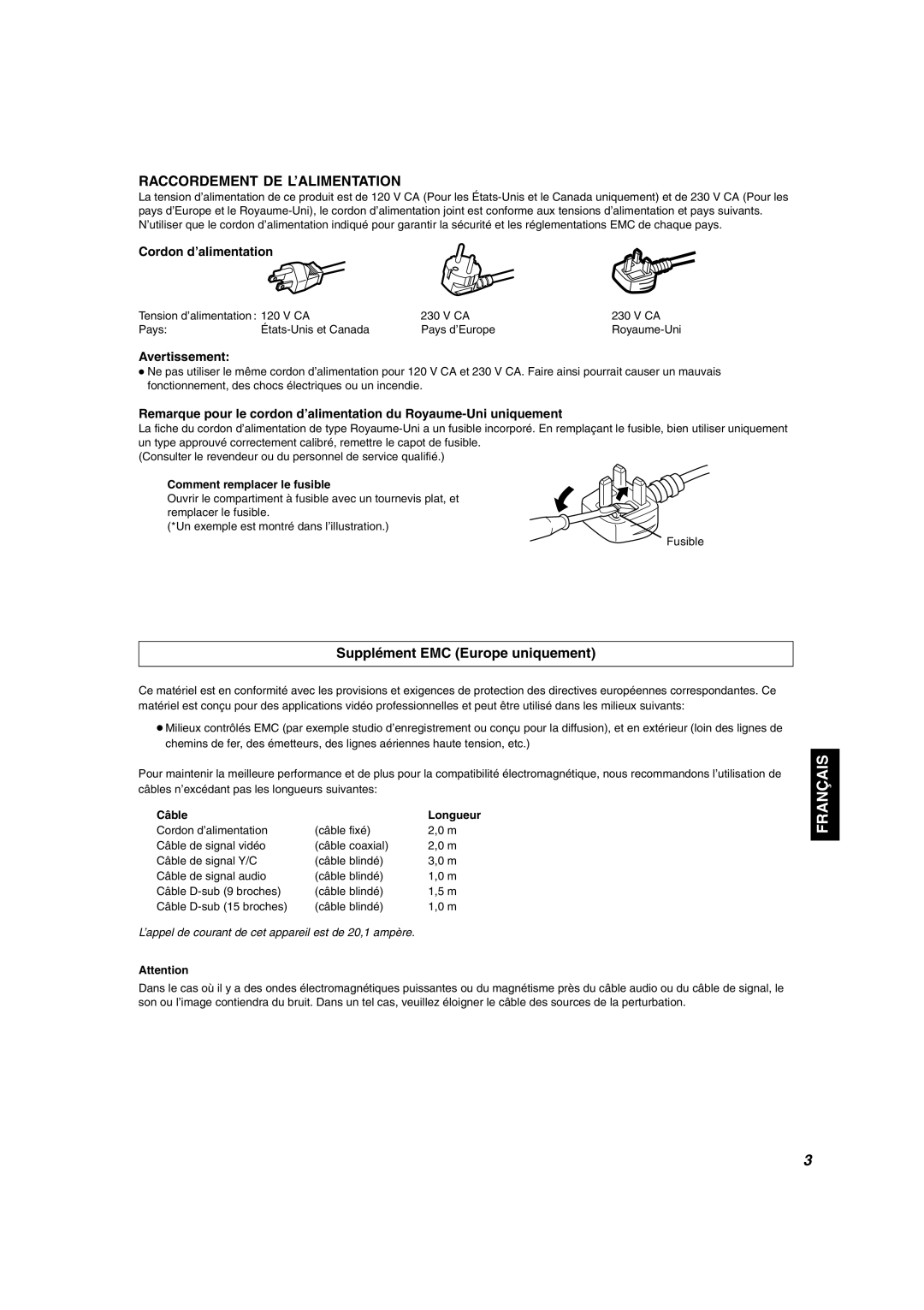 JVC DT-V1910CG manual Supplément EMC Europe uniquement, Cordon d’alimentation, Avertissement, Comment remplacer le fusible 