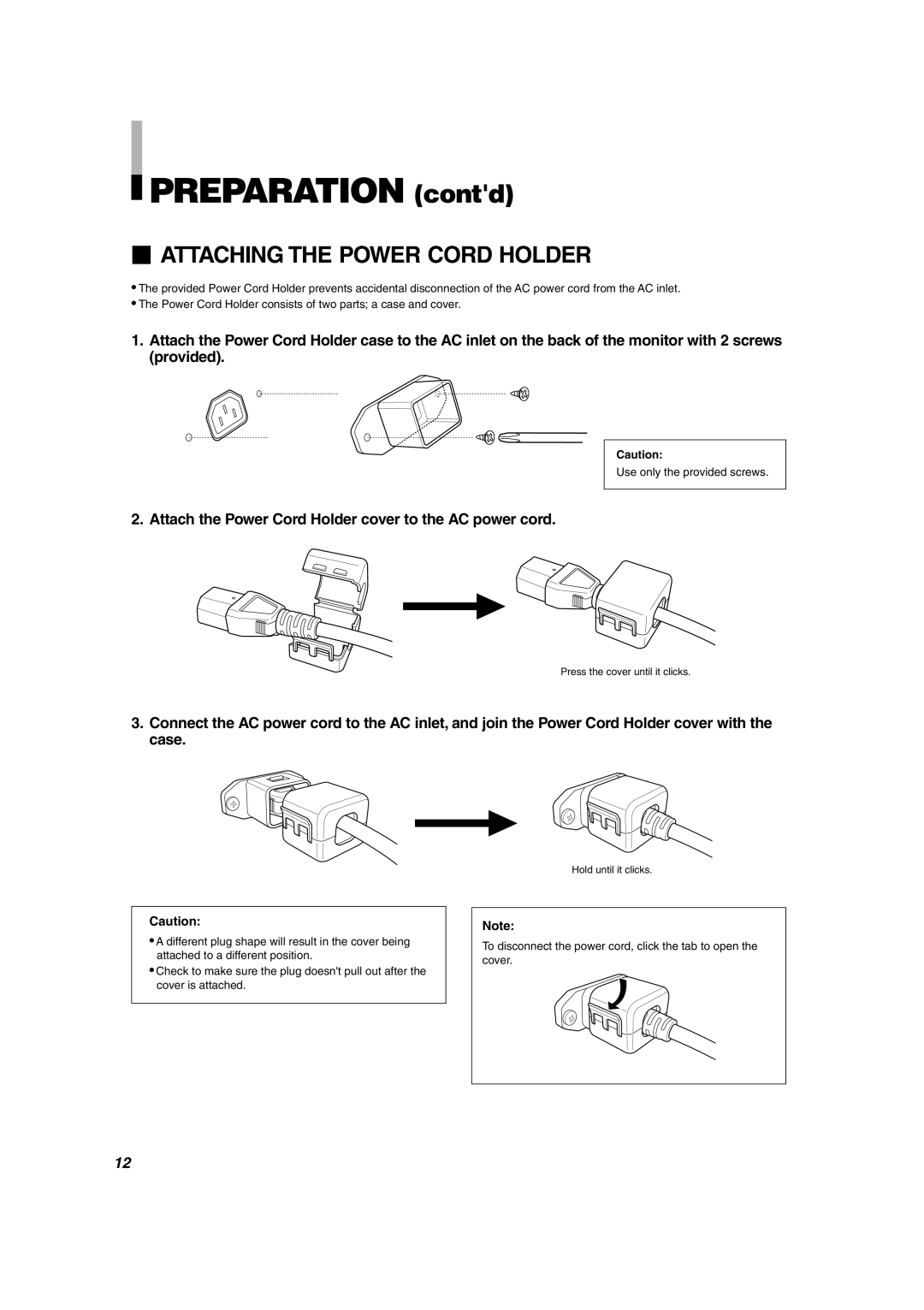 JVC DT-V1710CG, DT-V1910CG manual Preparation contd,  Attaching the Power Cord Holder 