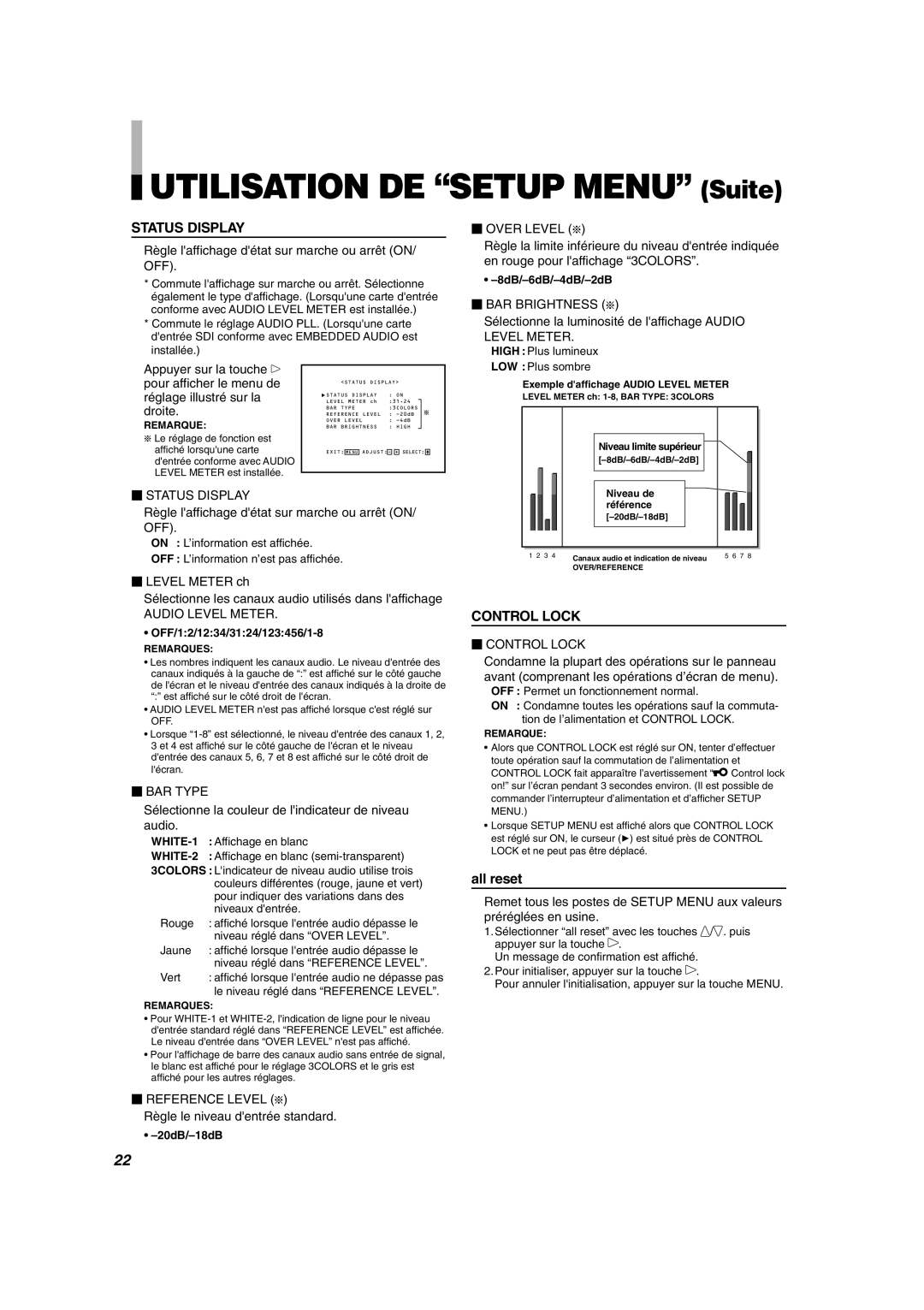 JVC DT-V1710CG Règle laffichage détat sur marche ou arrêt ON/ OFF, Audio Level Meter, Règle le niveau dentrée standard 