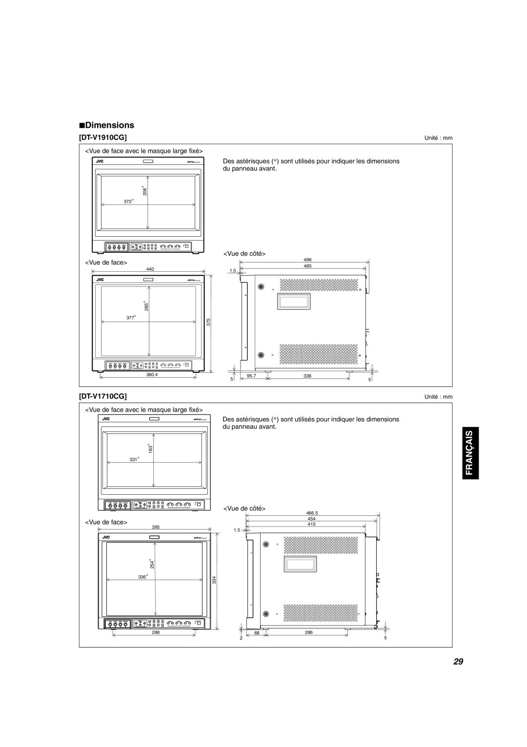 JVC DT-V1910CG, DT-V1710CG manual Vue de face, Vue de côté 