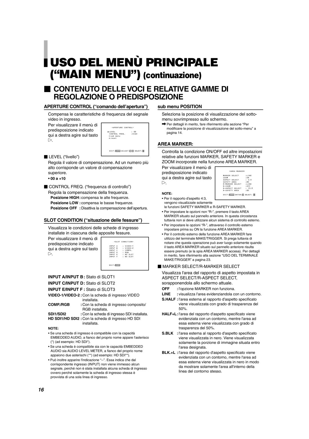 JVC DT-V1710CG, DT-V1910CG manual USO DEL Menù Principale, Aperture Control comando dell’apertura, Predisposizione indicato 