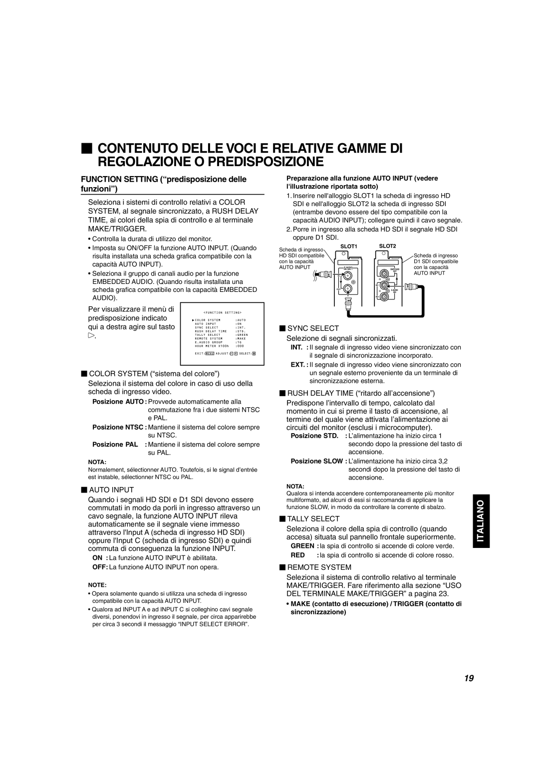 JVC DT-V1910CG manual Function Setting predisposizione delle funzioni, Make/Trigger, Selezione di segnali sincronizzati 