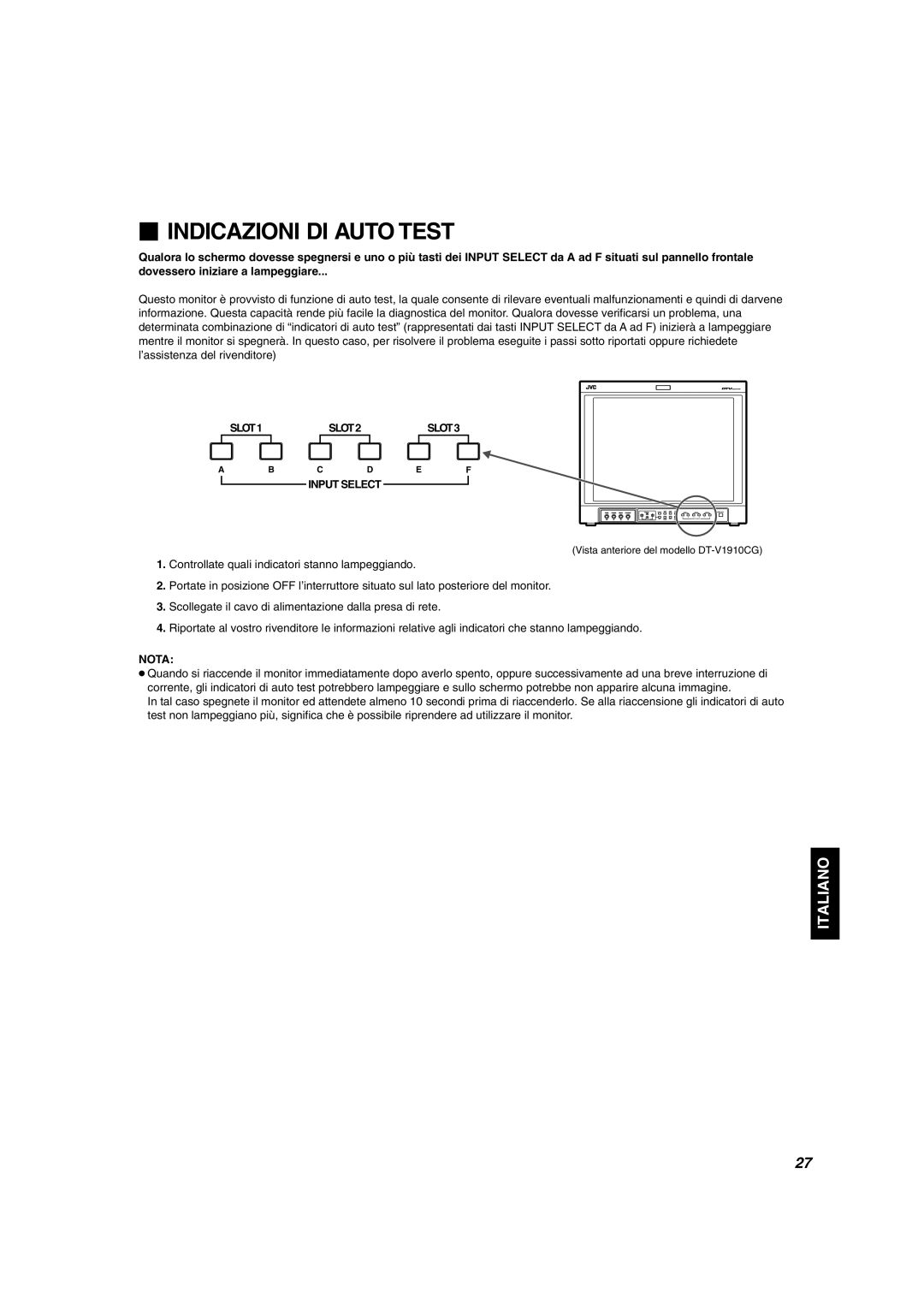 JVC DT-V1910CG, DT-V1710CG manual  Indicazioni DI Auto Test, Nota 