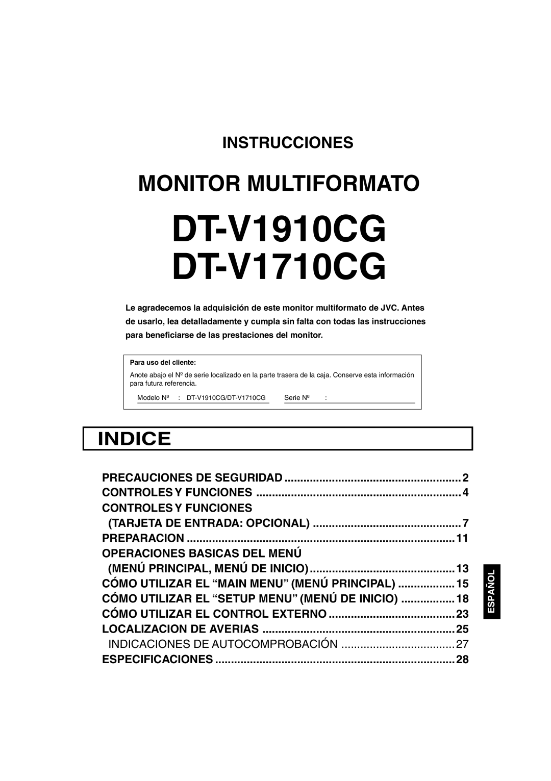 JVC DT-V1910CG, DT-V1710CG manual Para uso del cliente, Serie Nº 