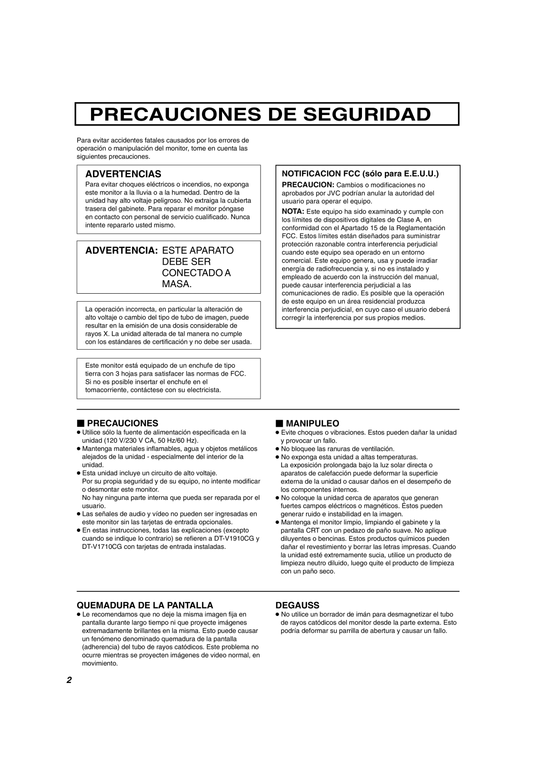 JVC DT-V1710CG, DT-V1910CG manual Precauciones DE Seguridad, Notificacion FCC sólo para E.E.U.U 