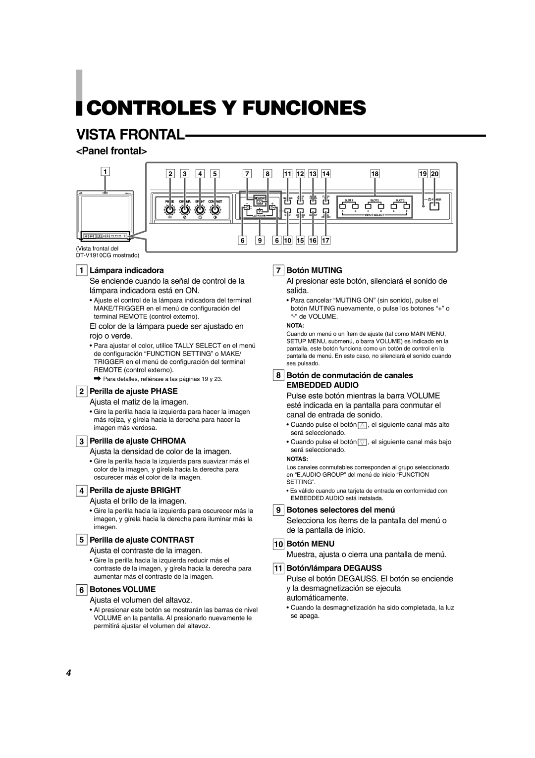 JVC DT-V1710CG, DT-V1910CG manual Controles Y Funciones, Vista Frontal 