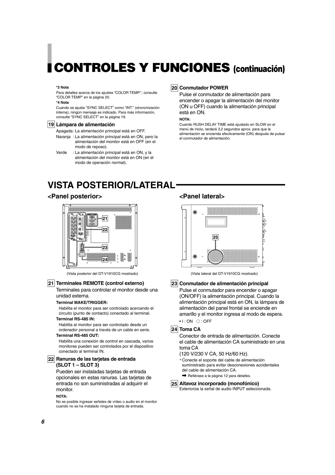 JVC DT-V1710CG, DT-V1910CG manual Controles Y Funciones continuación, Vista POSTERIOR/LATERAL 