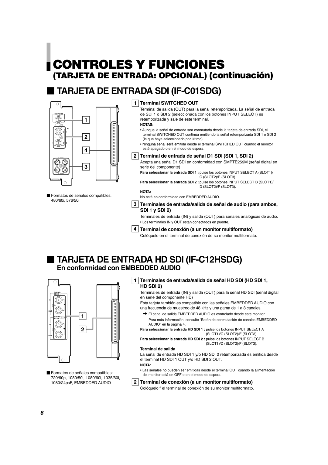 JVC DT-V1710CG manual  Tarjeta DE Entrada SDI IF-C01SDG,  Tarjeta DE Entrada HD SDI IF-C12HSDG, Terminal Switched OUT 