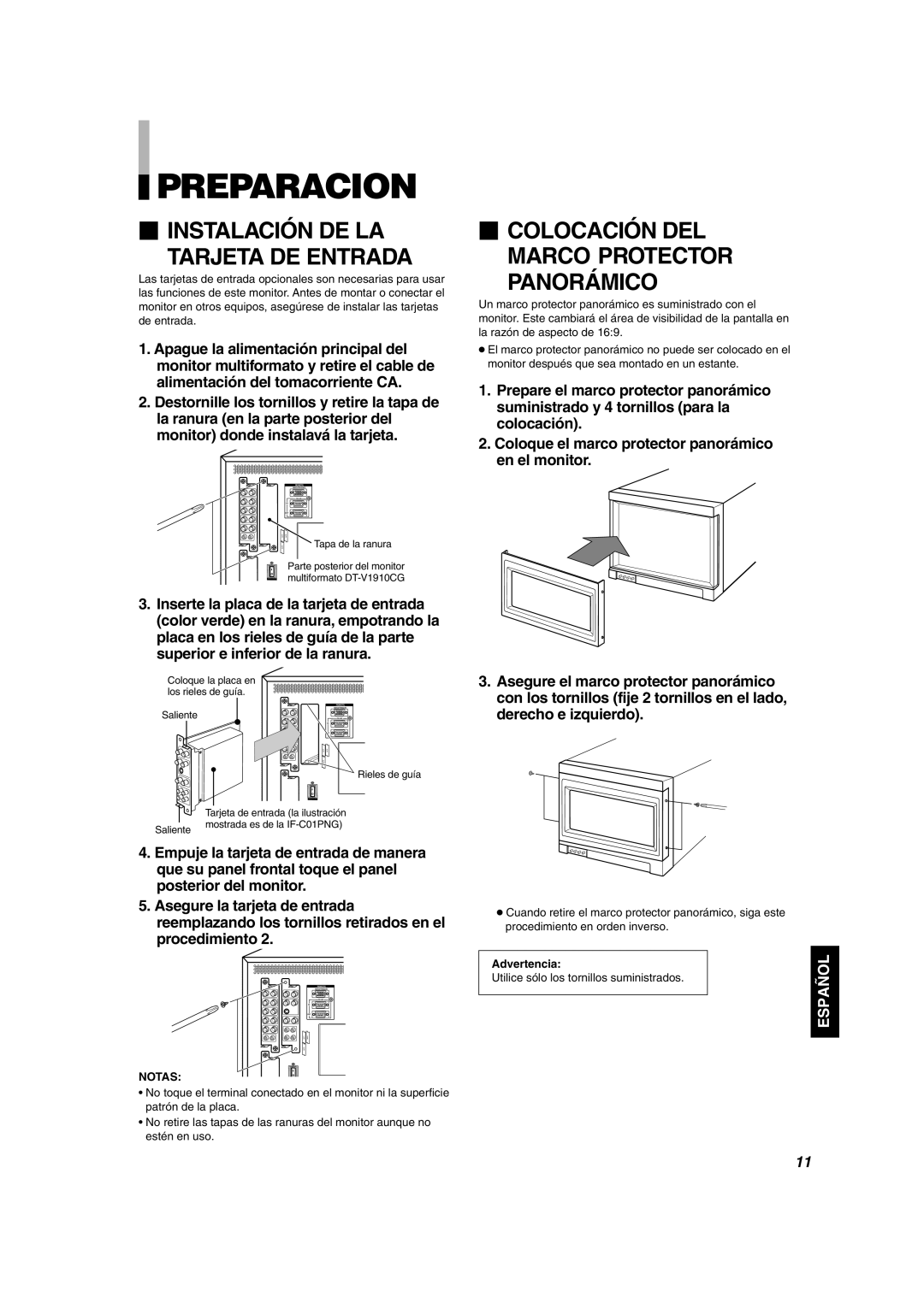 JVC DT-V1910CG, DT-V1710CG manual Preparacion,  Instalación DE LA Tarjeta DE Entrada, Panorámico, Saliente 