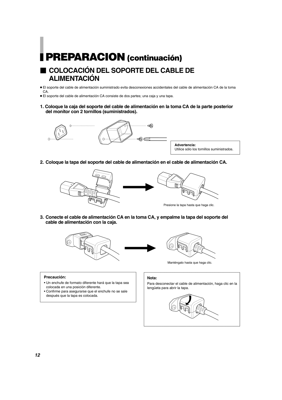 JVC DT-V1710CG, DT-V1910CG manual  Colocación DEL Soporte DEL Cable DE Alimentación, Precaución, Advertencia 