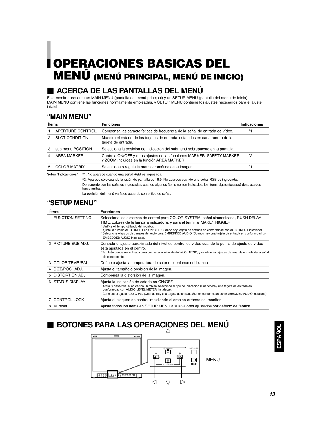 JVC DT-V1910CG, DT-V1710CG manual Operaciones Basicas DEL,  Botones Para LAS Operaciones DEL Menú, Ítems Funciones 