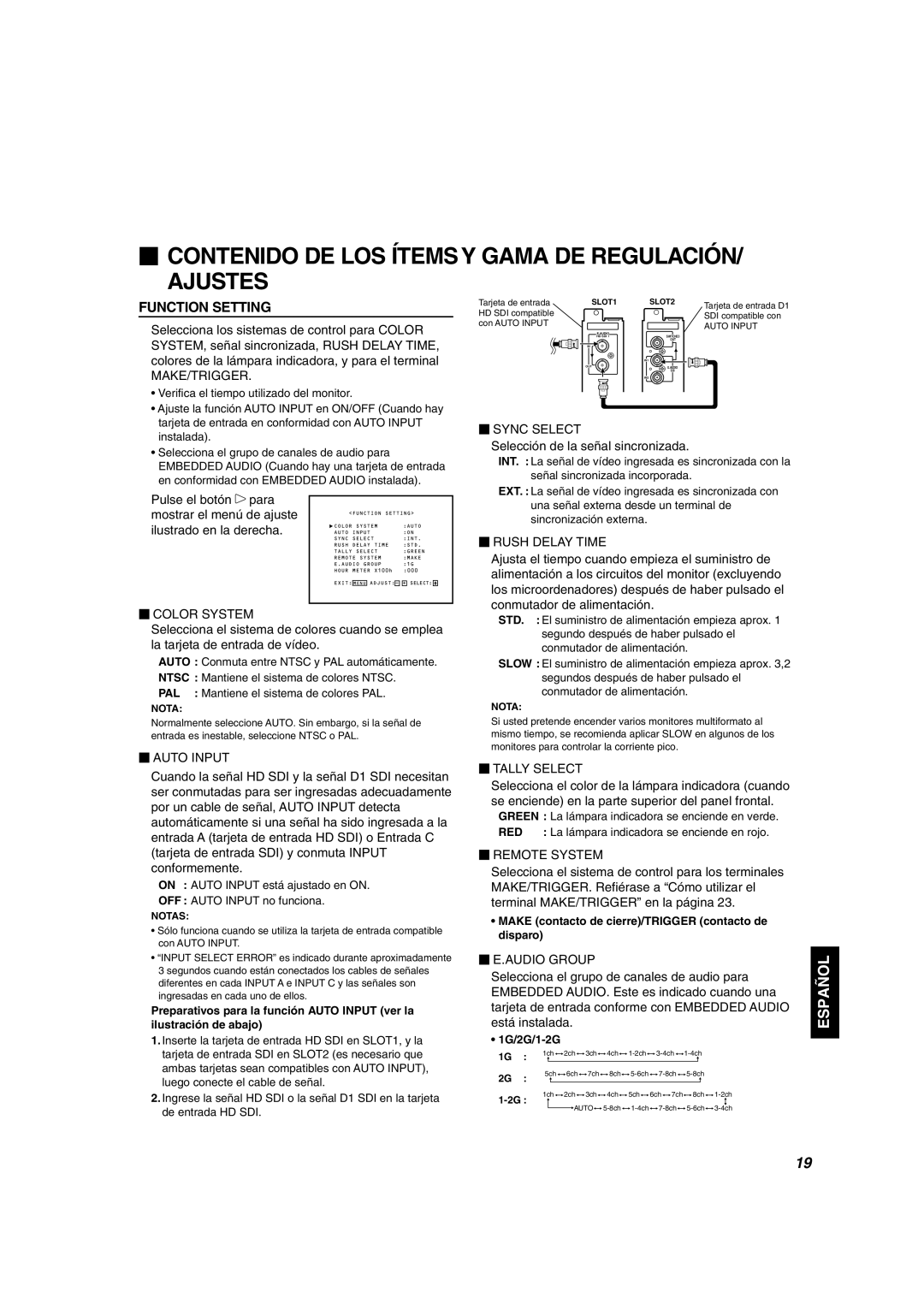 JVC DT-V1910CG, DT-V1710CG manual  Contenido DE LOS Ítems Y Gama DE REGULACIÓN/ Ajustes, Selección de la señal sincronizada 