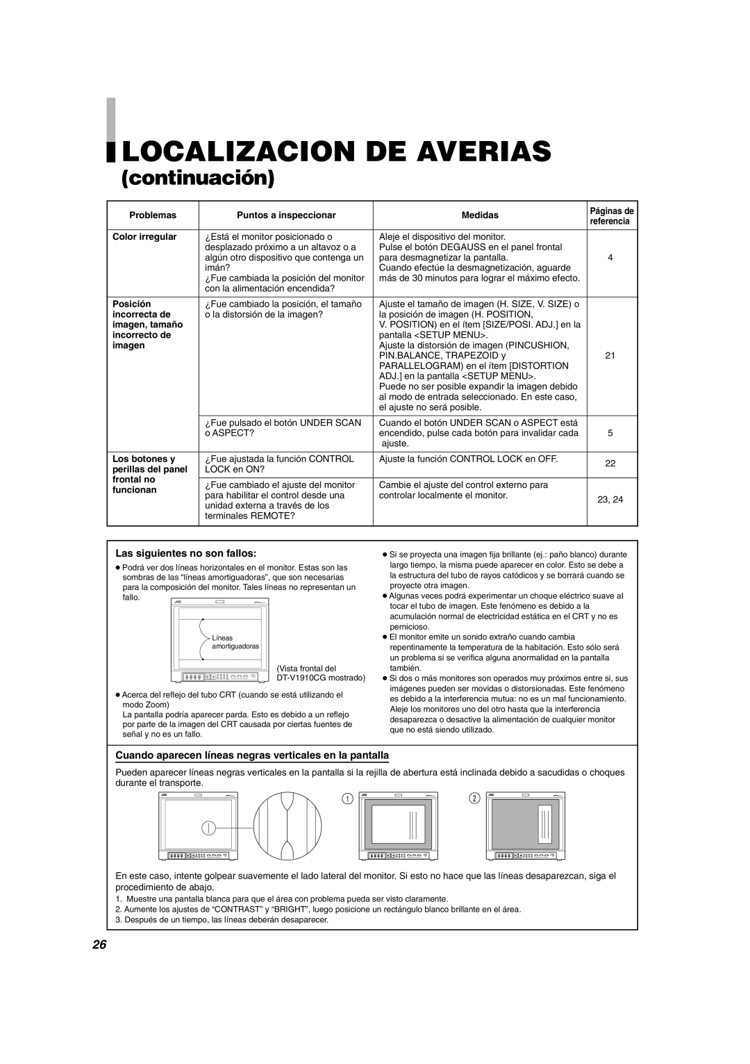 JVC DT-V1710CG, DT-V1910CG manual Las siguientes no son fallos, Cuando aparecen líneas negras verticales en la pantalla 