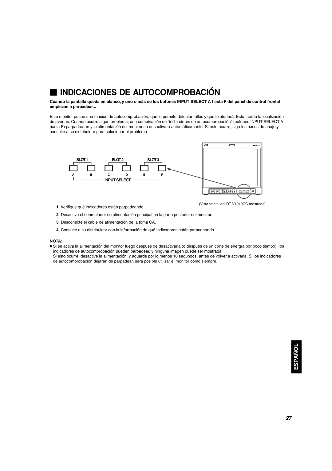 JVC DT-V1910CG, DT-V1710CG manual  Indicaciones DE Autocomprobación 