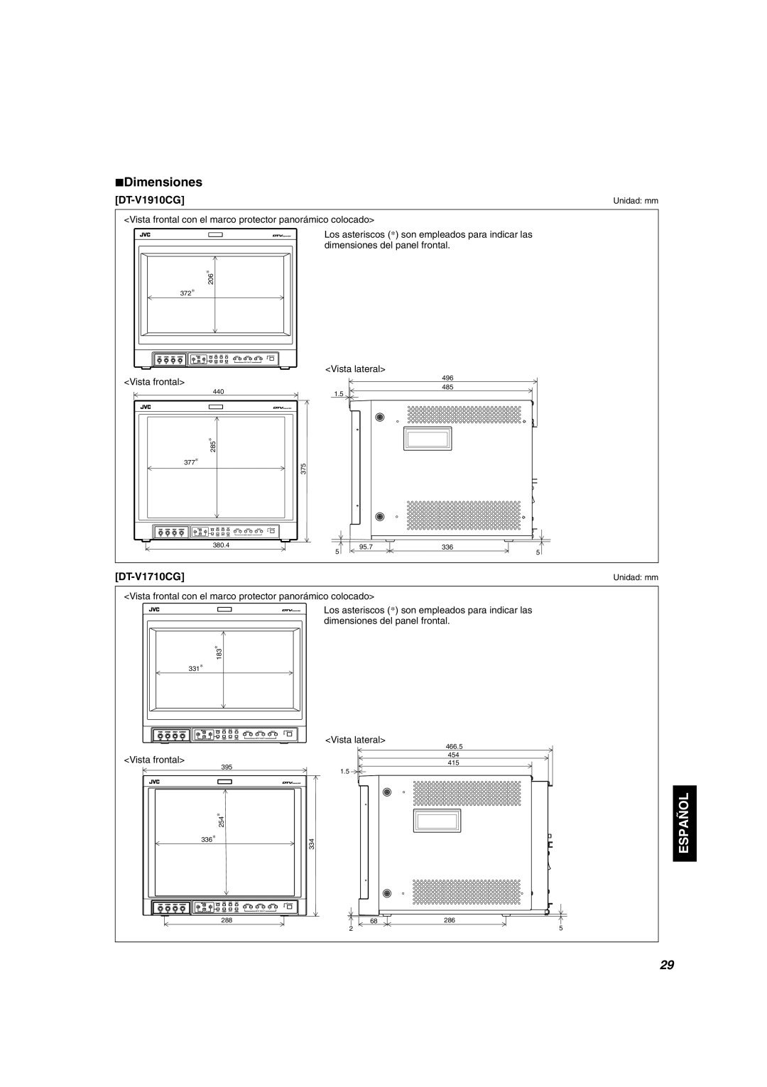 JVC DT-V1910CG, DT-V1710CG manual Vista frontal, Vista lateral 