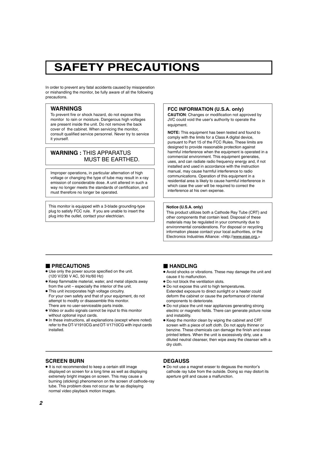 JVC DT-V1710CG, DT-V1910CG manual Safety Precautions, FCC Information U.S.A. only 