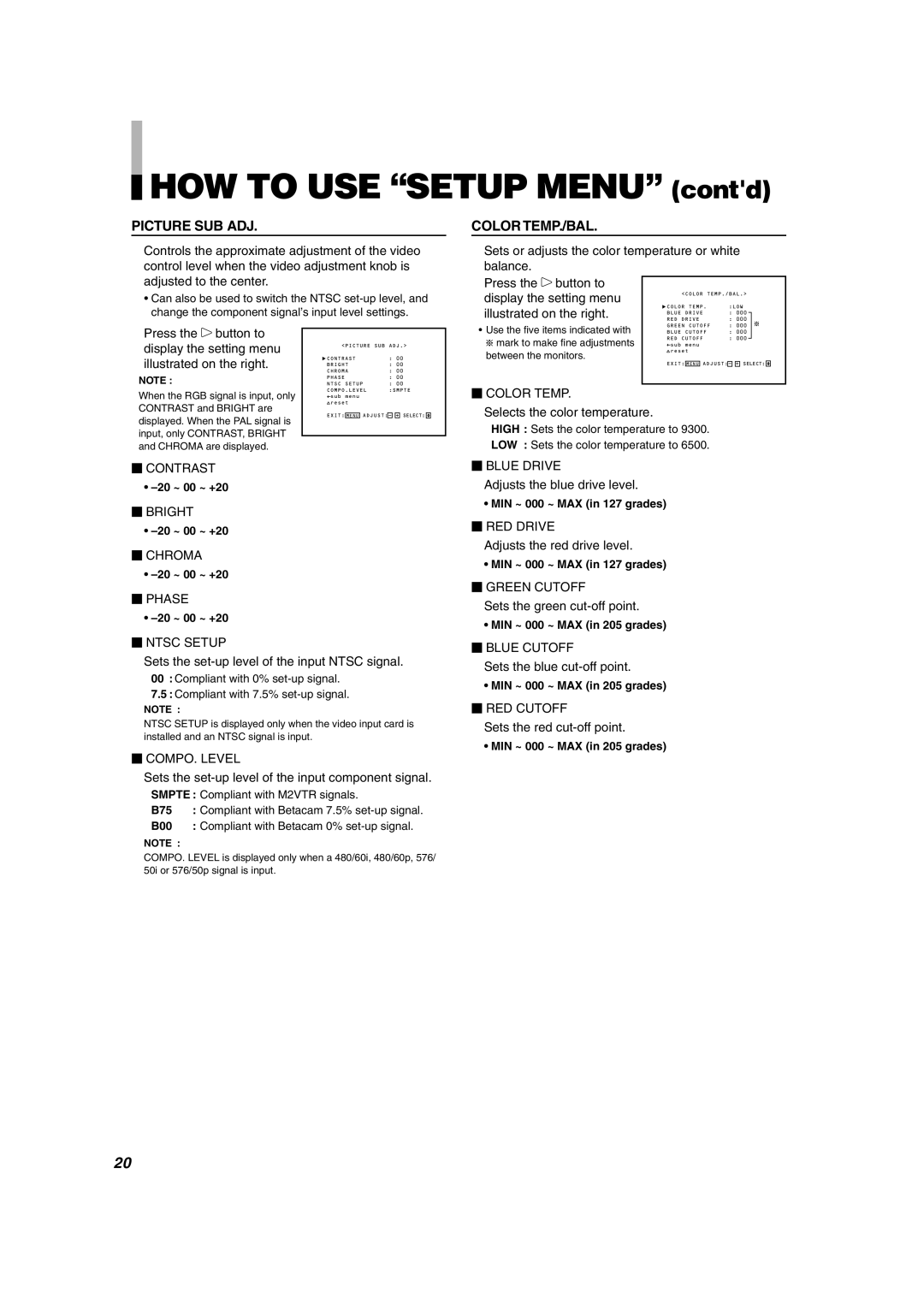 JVC DT-V1710CG, DT-V1910CG manual HOW to USE Setup Menu contd 