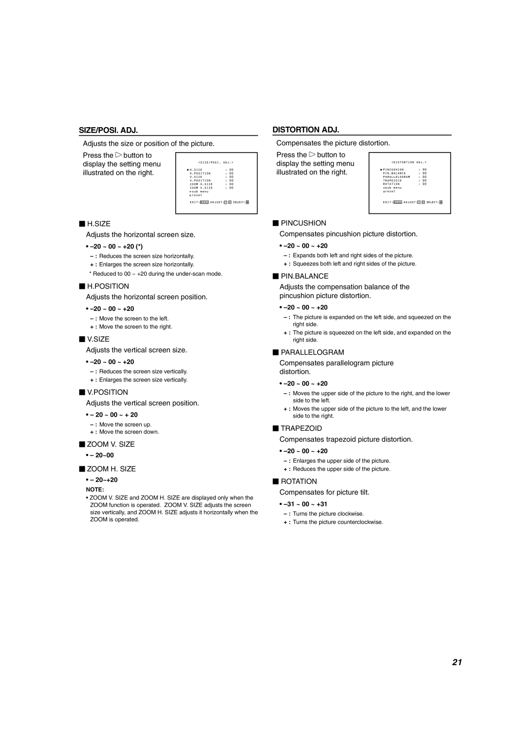 JVC DT-V1910CG  H.Size,  H.Position,  V.Size,  V.Position,  Zoom V. Size,  Zoom H. Size,  Pincushion,  Pin.Balance 