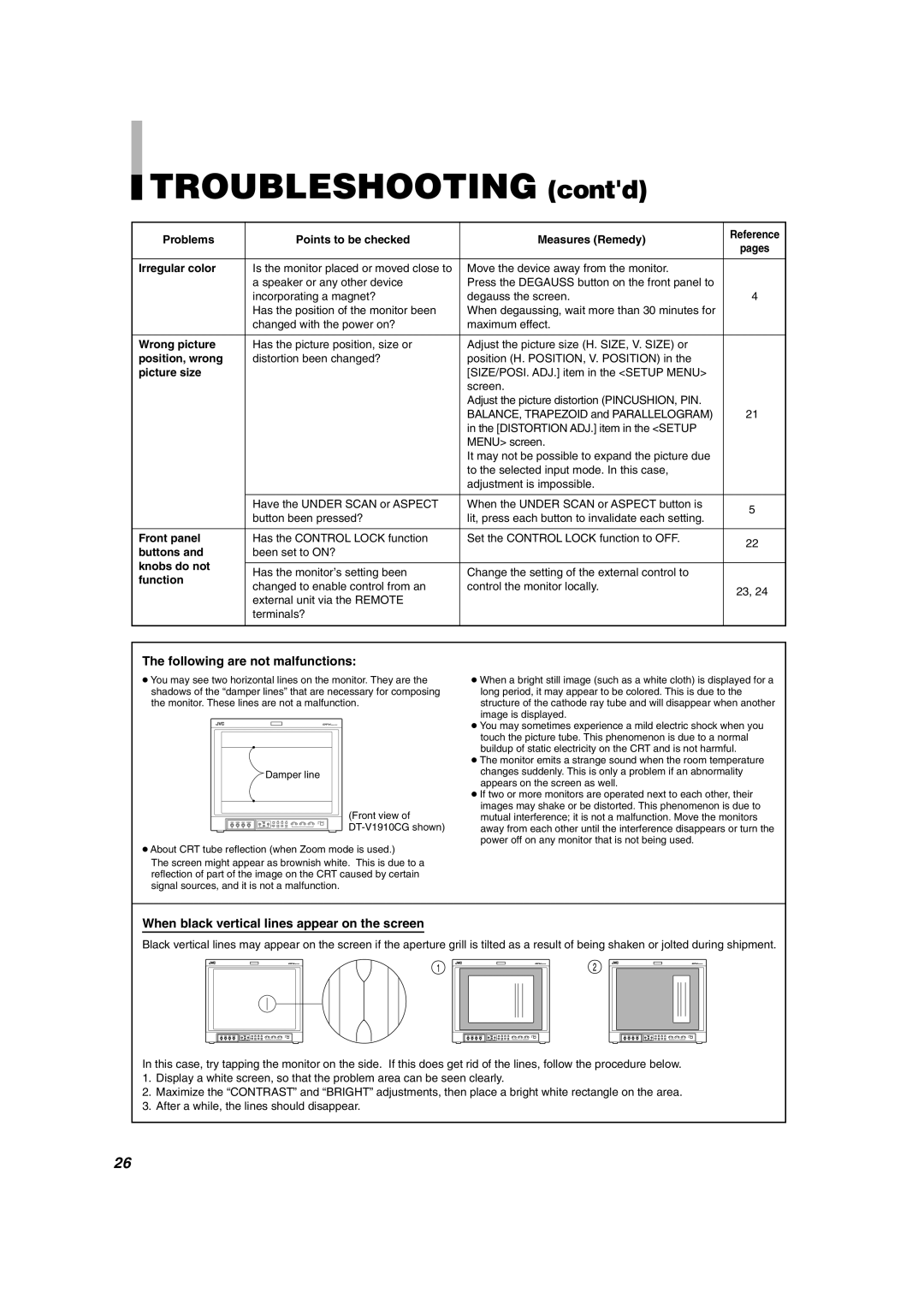 JVC DT-V1710CG manual Troubleshooting contd, Following are not malfunctions, When black vertical lines appear on the screen 