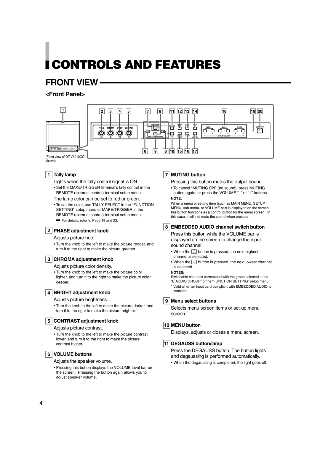 JVC DT-V1710CG, DT-V1910CG manual Controls and Features, Front View 