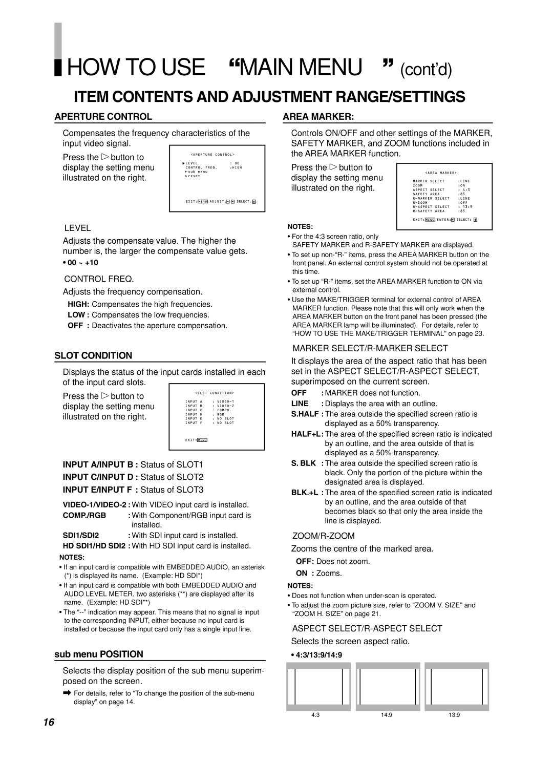 JVC DT-V1710CG, DT-V1910CG manual HOW to USE Main Menu contd,  Item Contents and Adjustment RANGE/SETTINGS 