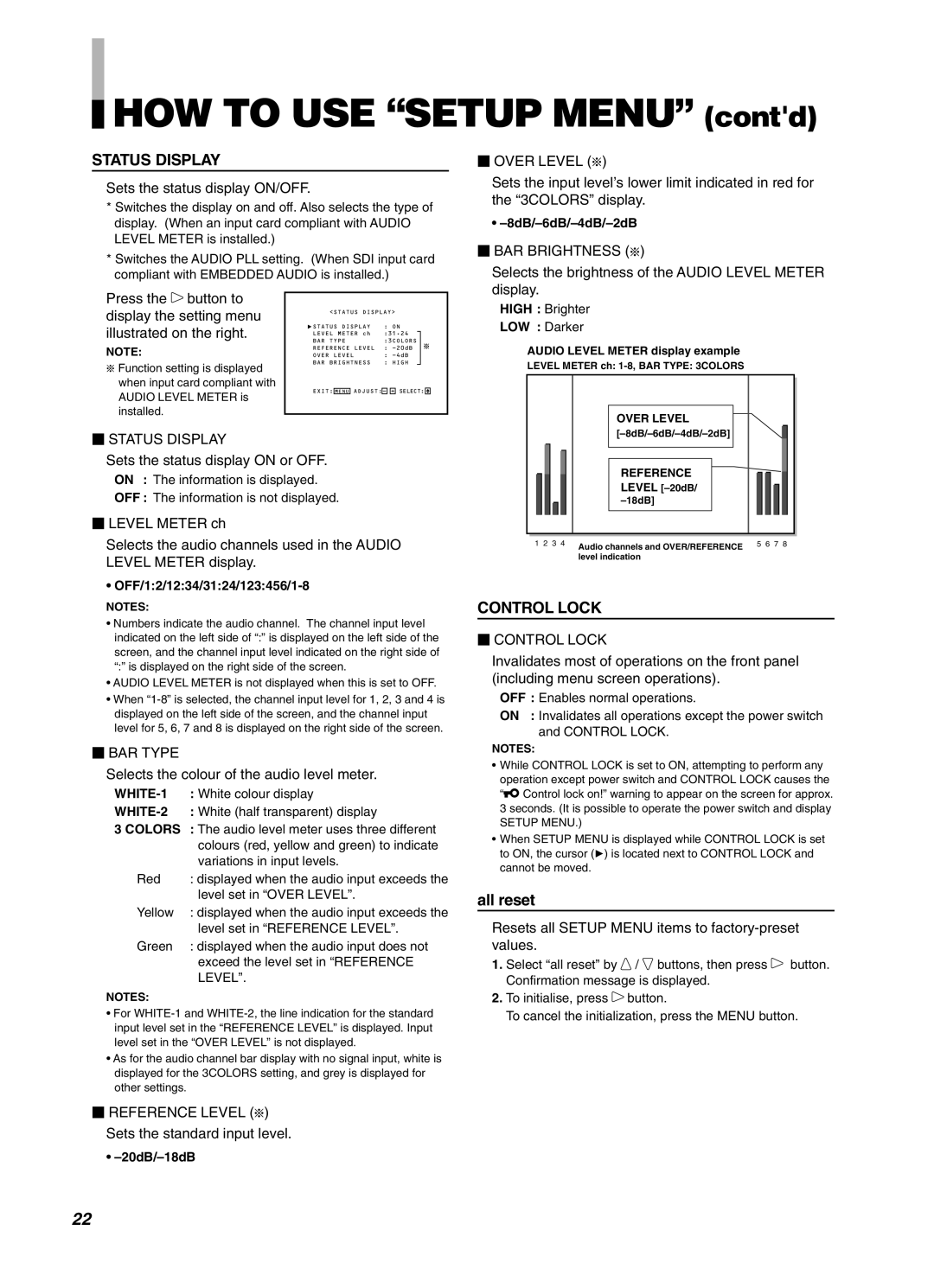 JVC DT-V1710CG, DT-V1910CG manual Sets the status display ON/OFF, Selects the colour of the audio level meter 