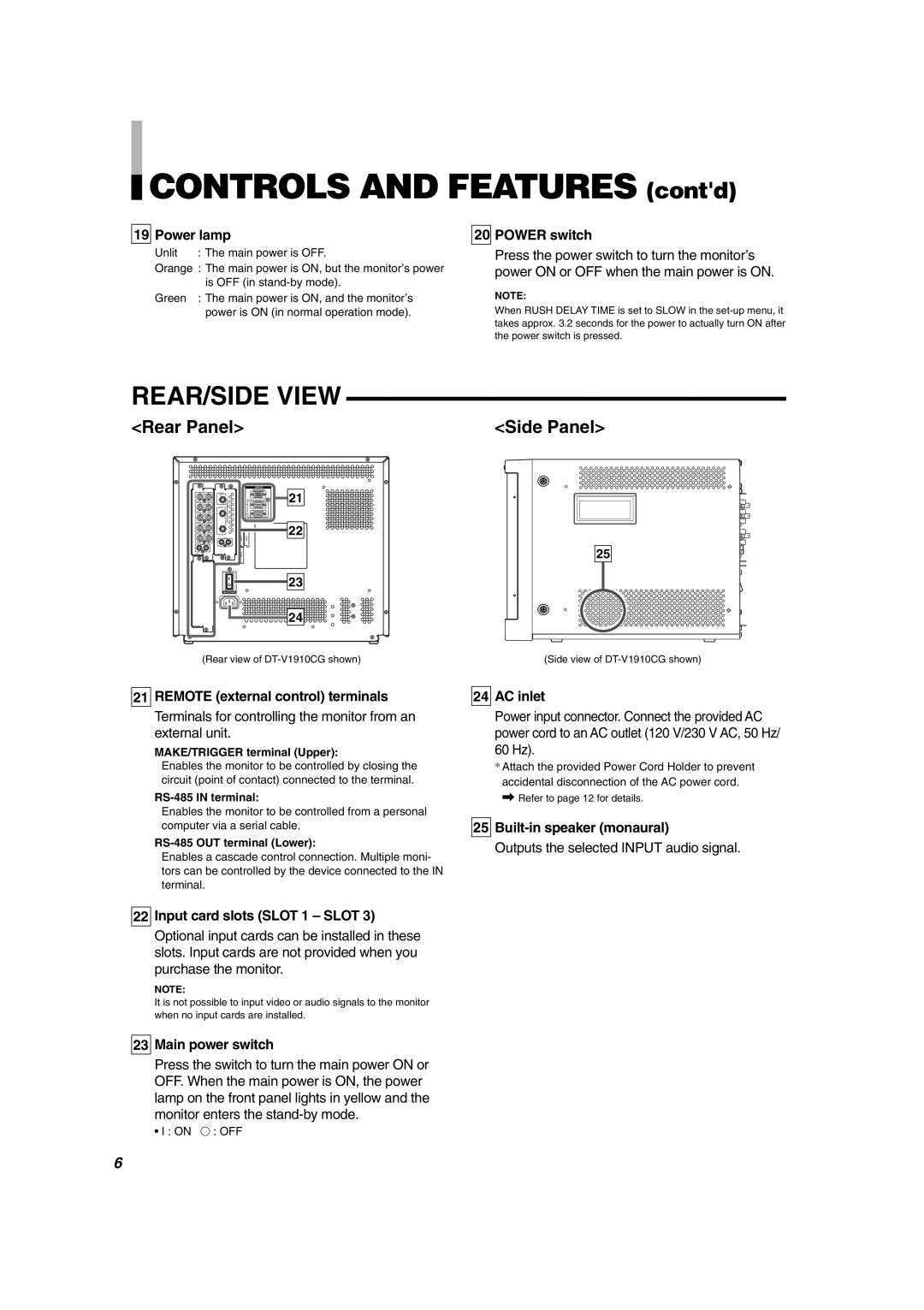 JVC DT-V1710CG, DT-V1910CG manual Controls and Features contd, REAR/SIDE View 