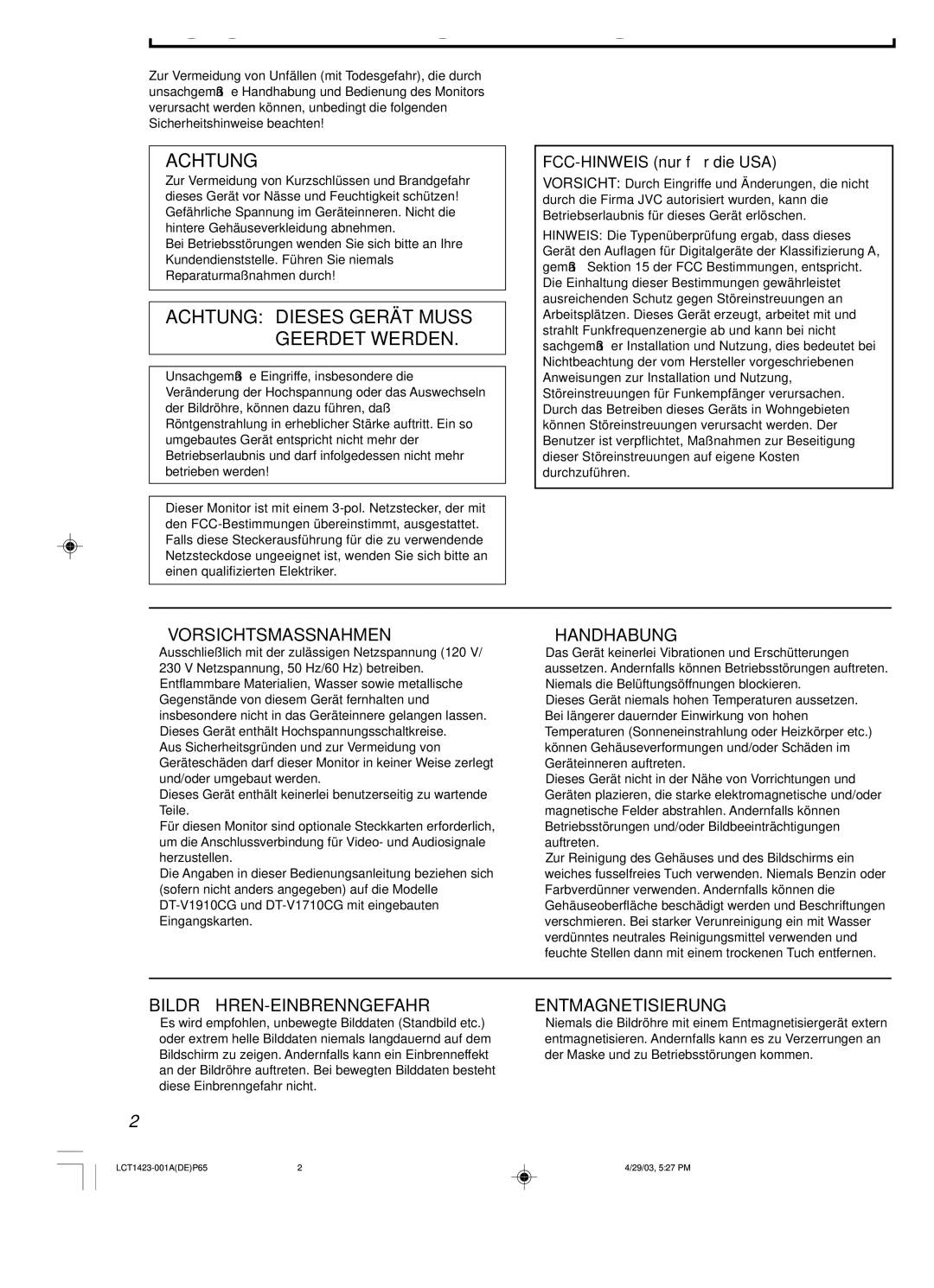 JVC DT-V1710CG, DT-V1910CG manual Sicherheitshinweise, FCC-HINWEIS nur für die USA 