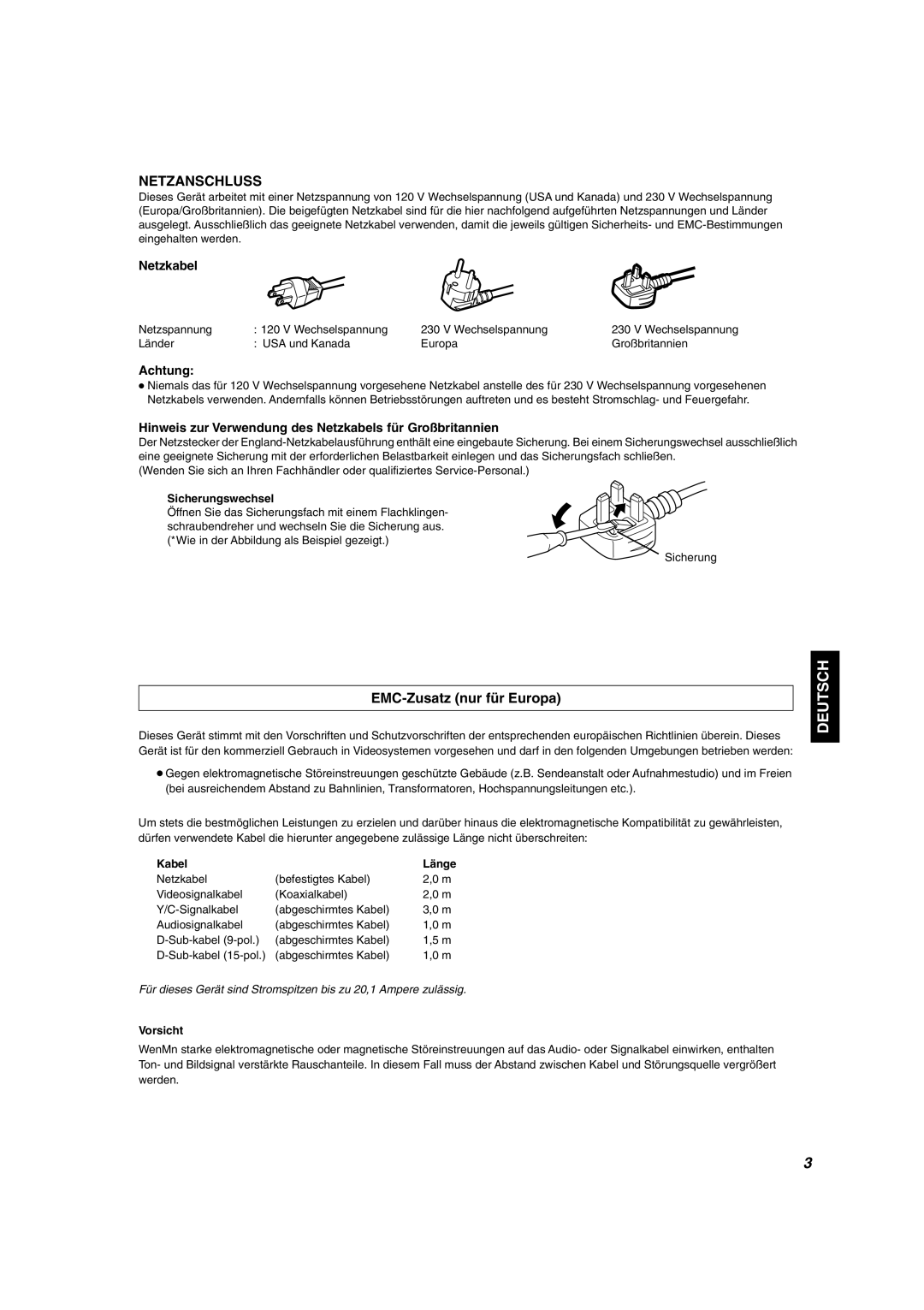 JVC DT-V1910CG manual EMC-Zusatz nur für Europa, Achtung, Hinweis zur Verwendung des Netzkabels für Großbritannien 