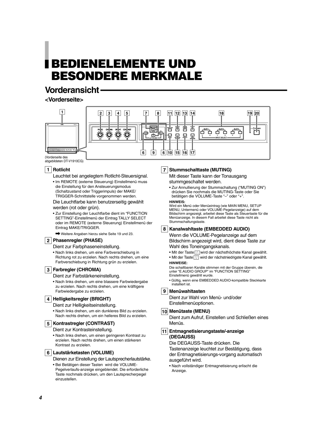 JVC DT-V1710CG, DT-V1910CG manual Bedienelemente UND Besondere Merkmale 