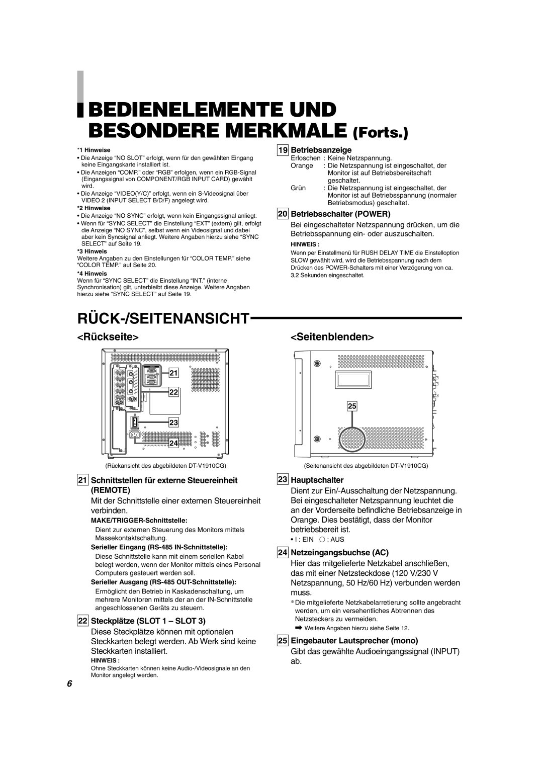 JVC DT-V1710CG, DT-V1910CG manual Bedienelemente UND Besondere Merkmale Forts, Rück-/Seitenansicht 