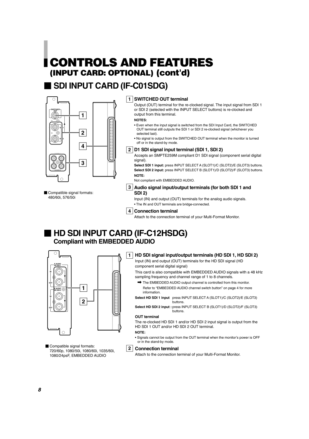 JVC DT-V1710CG, DT-V1910CG manual  SDI Input Card IF-C01SDG,  HD SDI Input Card IF-C12HSDG 