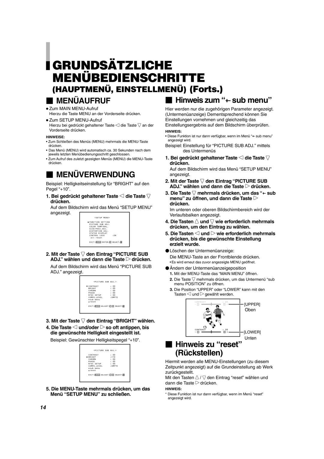 JVC DT-V1710CG, DT-V1910CG manual  Menüaufruf,  Menüverwendung, Bei gedrückt gehaltener Taste die Taste drücken 