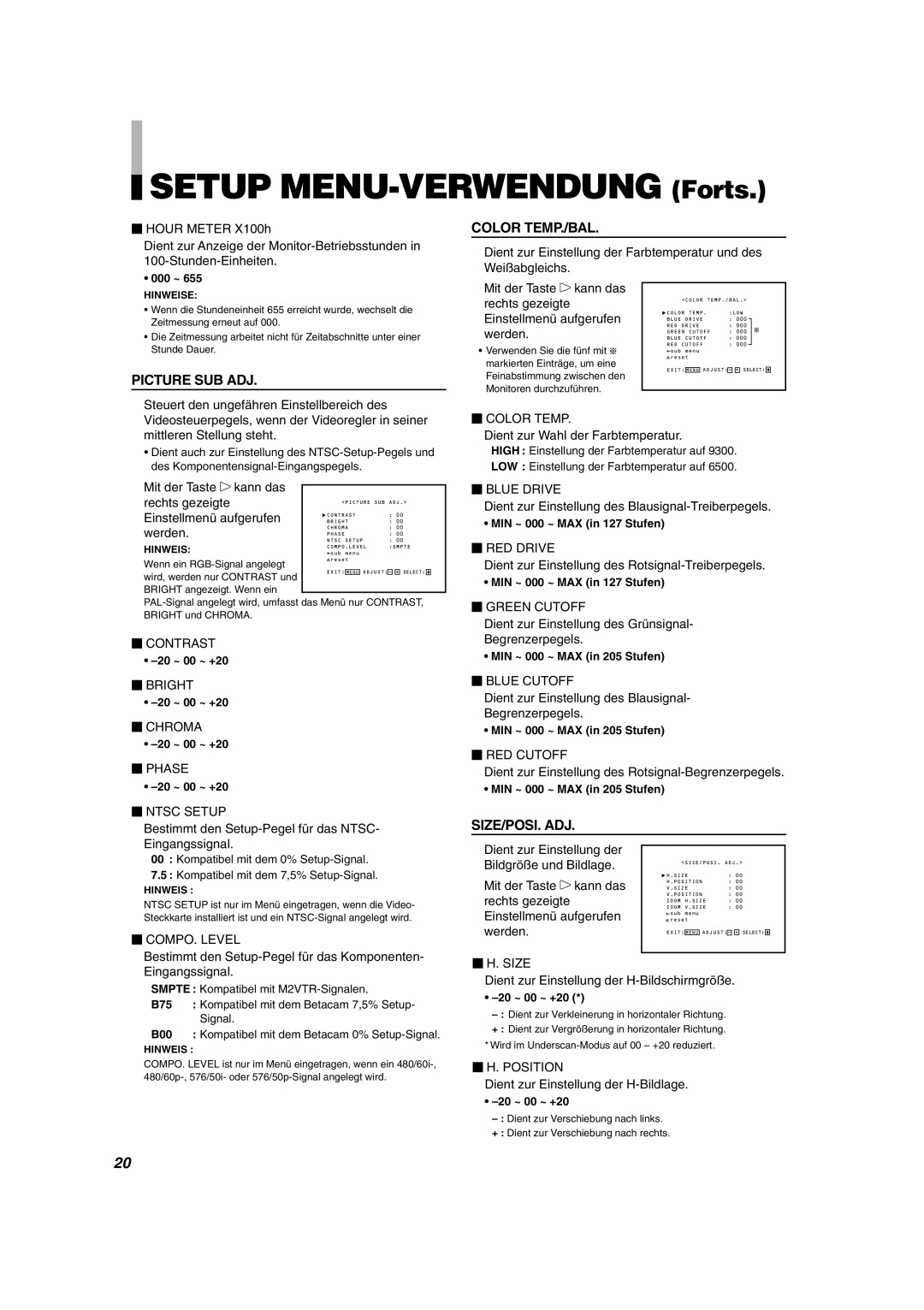 JVC DT-V1710CG, DT-V1910CG manual Setup MENU-VERWENDUNG Forts 