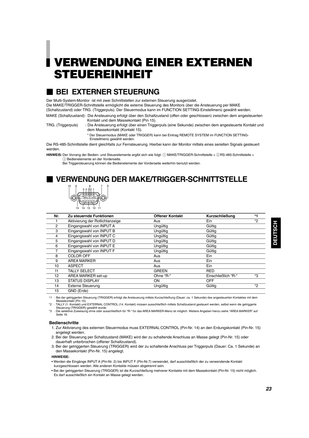 JVC DT-V1910CG, DT-V1710CG manual Verwendung Einer Externen Steuereinheit,  BEI Externer Steuerung, Bedienschritte 