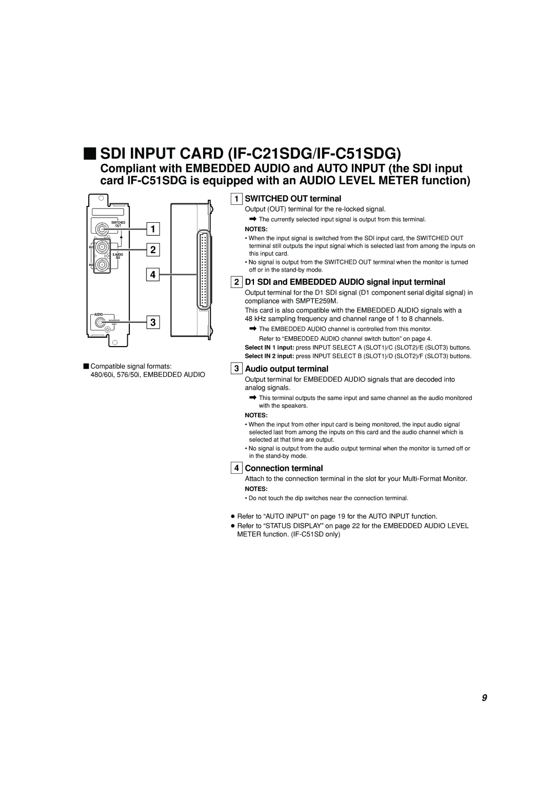 JVC DT-V1910CG, DT-V1710CG manual  SDI Input Card IF-C21SDG/IF-C51SDG, D1 SDI and Embedded Audio signal input terminal 