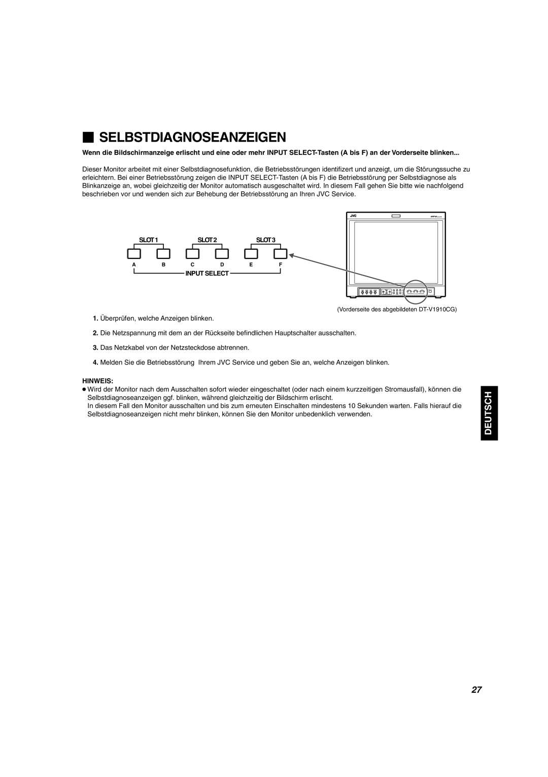 JVC DT-V1910CG, DT-V1710CG manual  Selbstdiagnoseanzeigen, Hinweis 