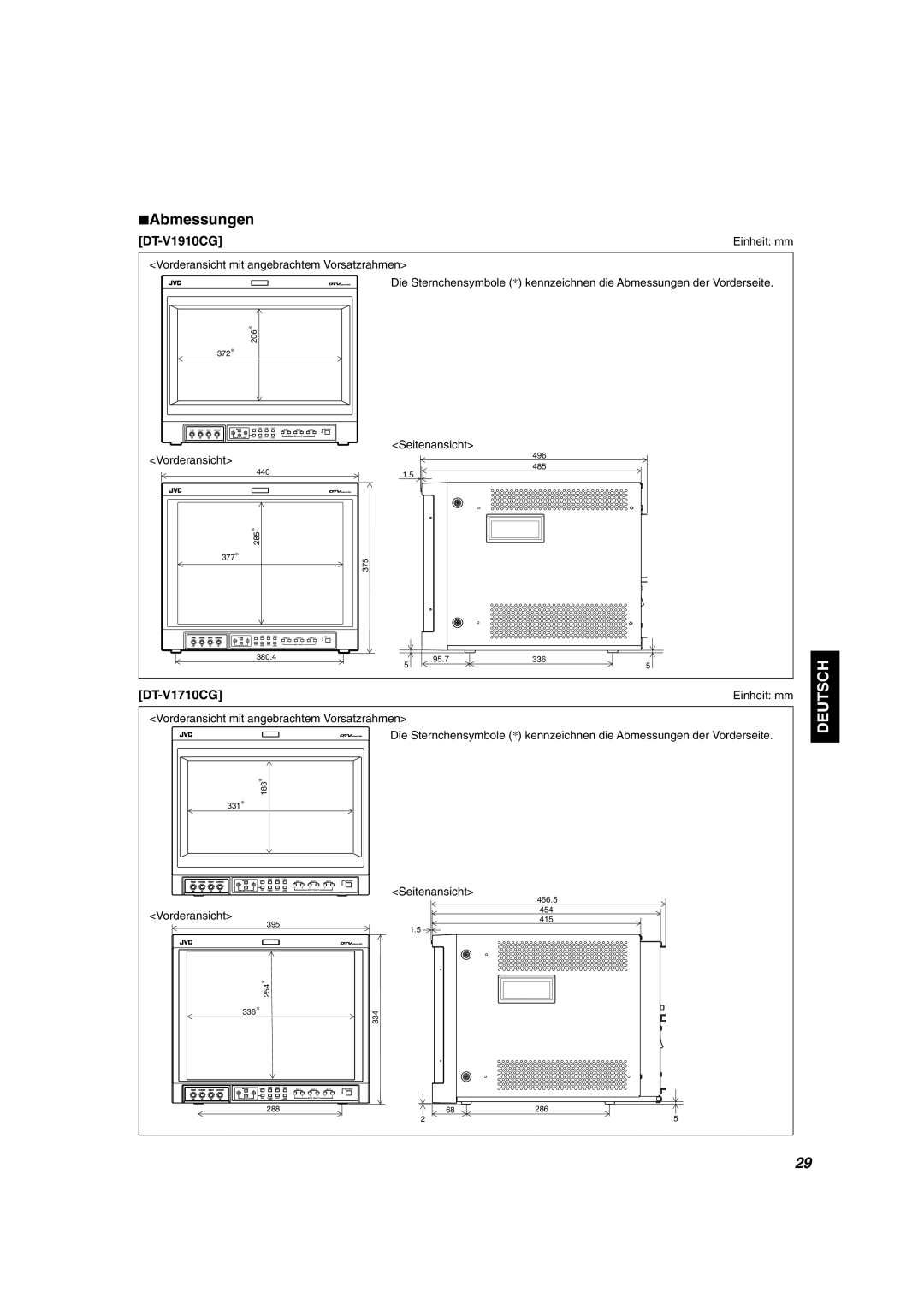 JVC DT-V1910CG, DT-V1710CG manual Einheit mm, Vorderansicht mit angebrachtem Vorsatzrahmen, Seitenansicht 