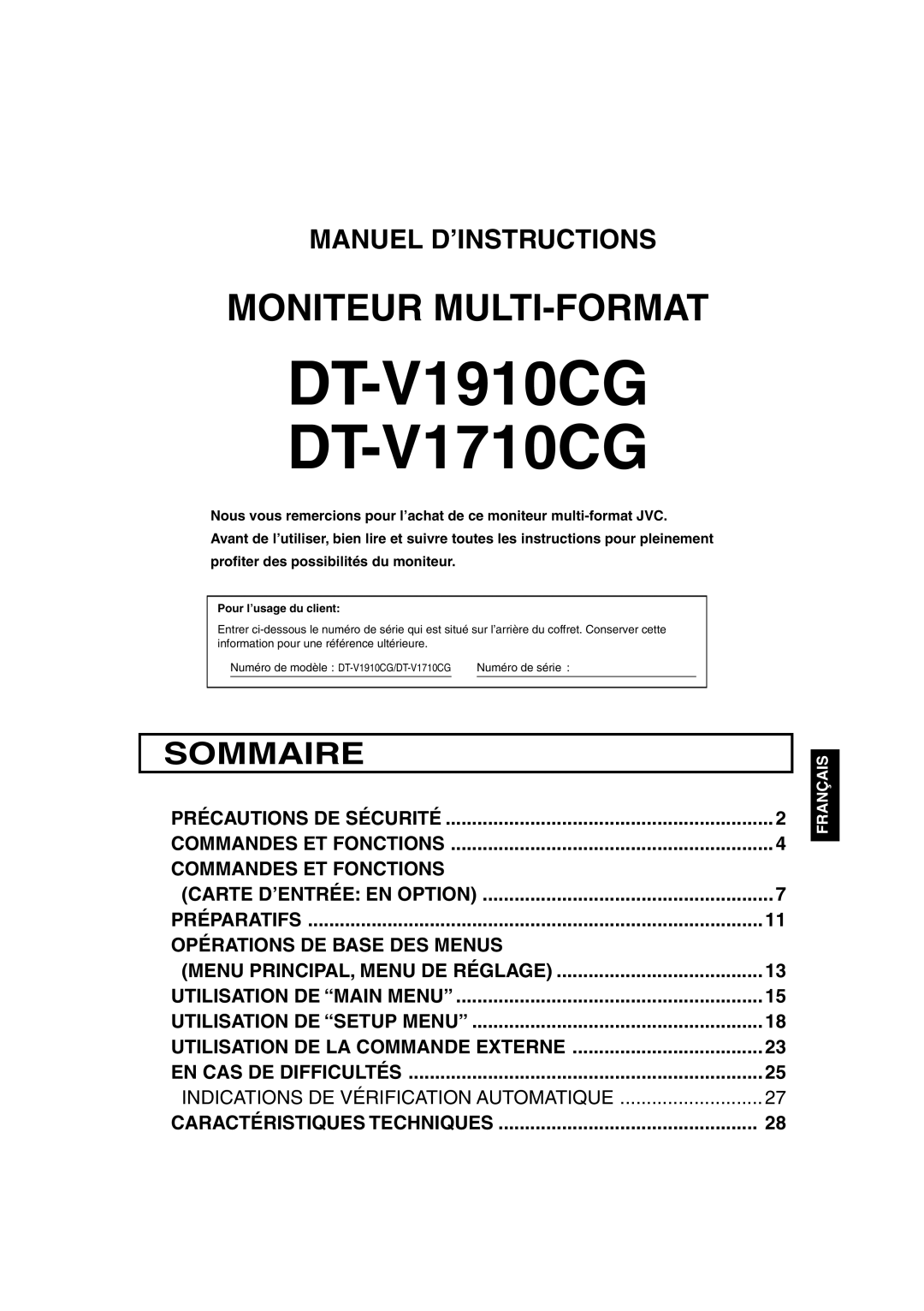 JVC DT-V1910CG, DT-V1710CG manual Pour l’usage du client, Numéro de série 