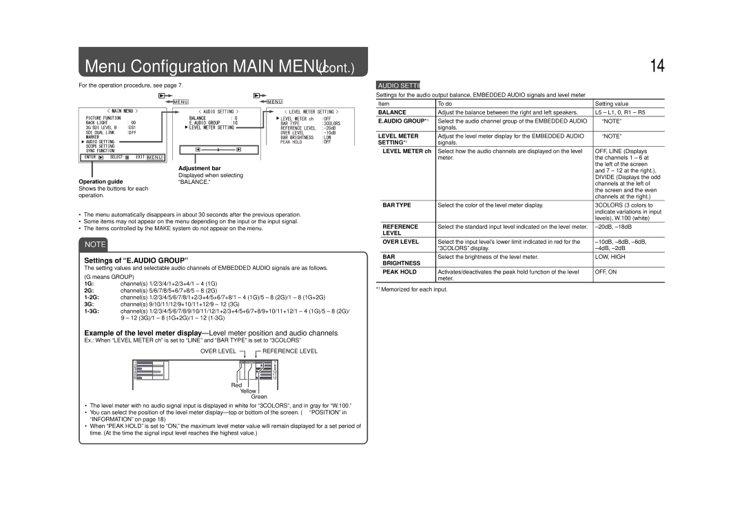 JVC DT-V17G1 specifications Settings of E.AUDIO Group, Audio Setting 