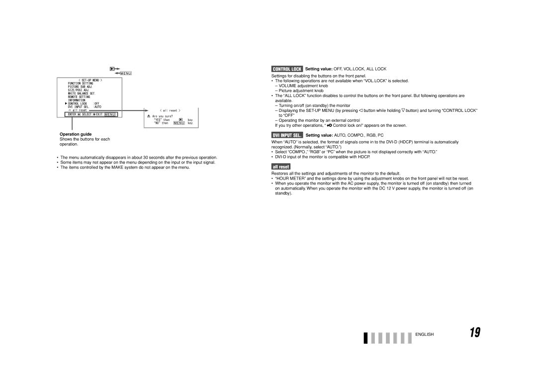 JVC DT-V17G1 specifications All reset, ENGLISH19 