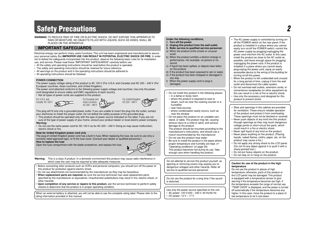 JVC DT-V17G1 Safety Precautions, Power Connection, How to replace the fuse, These openings must not be blocked or covered 