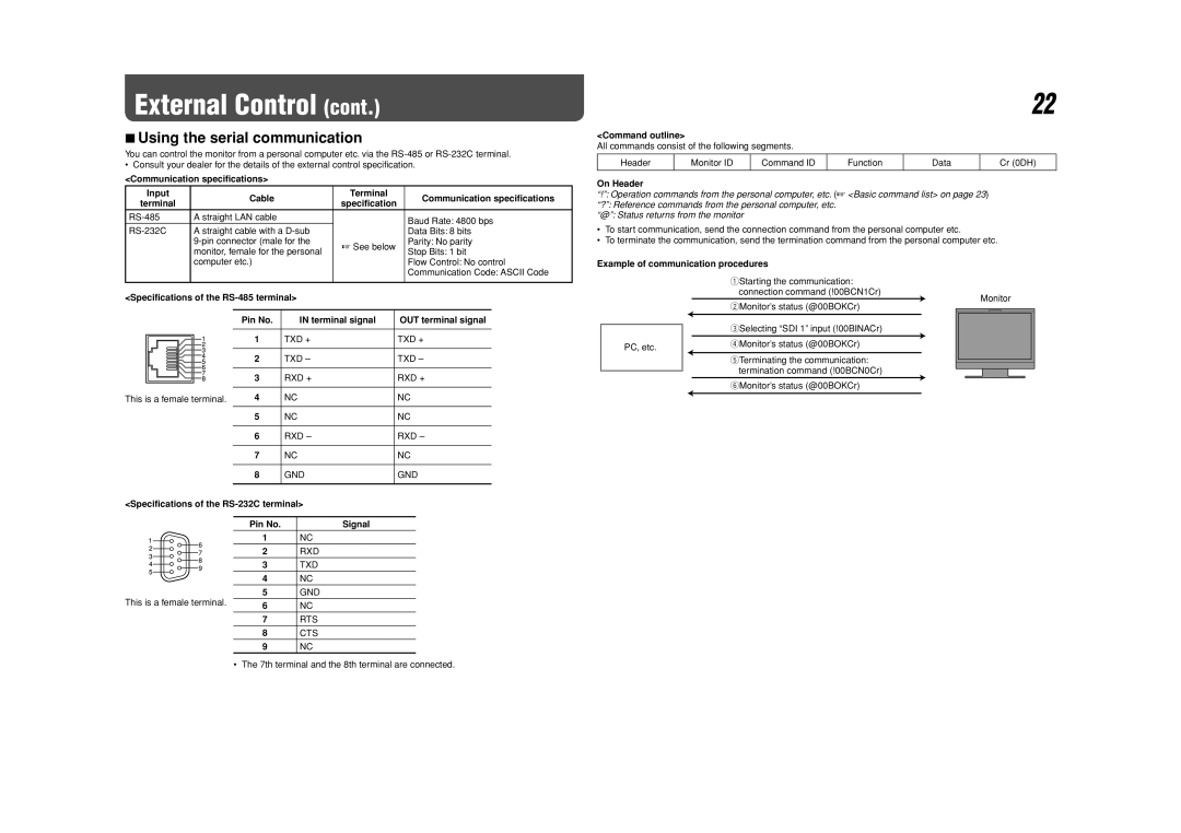 JVC DT-V17G1 specifications Using the serial communication 